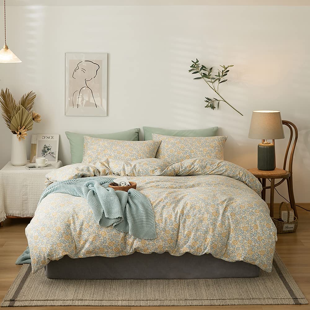 Price:$78.99 Yellow Floral Duvet Cover Set 3PCS Queen Size 100% Jersey Knit Cotton Flowers Blossom Garden Bedding Comforter Cover with 2 Pillow Shams Zipper Closure Easy Care, Soft and Breathable : Home & Kitchen