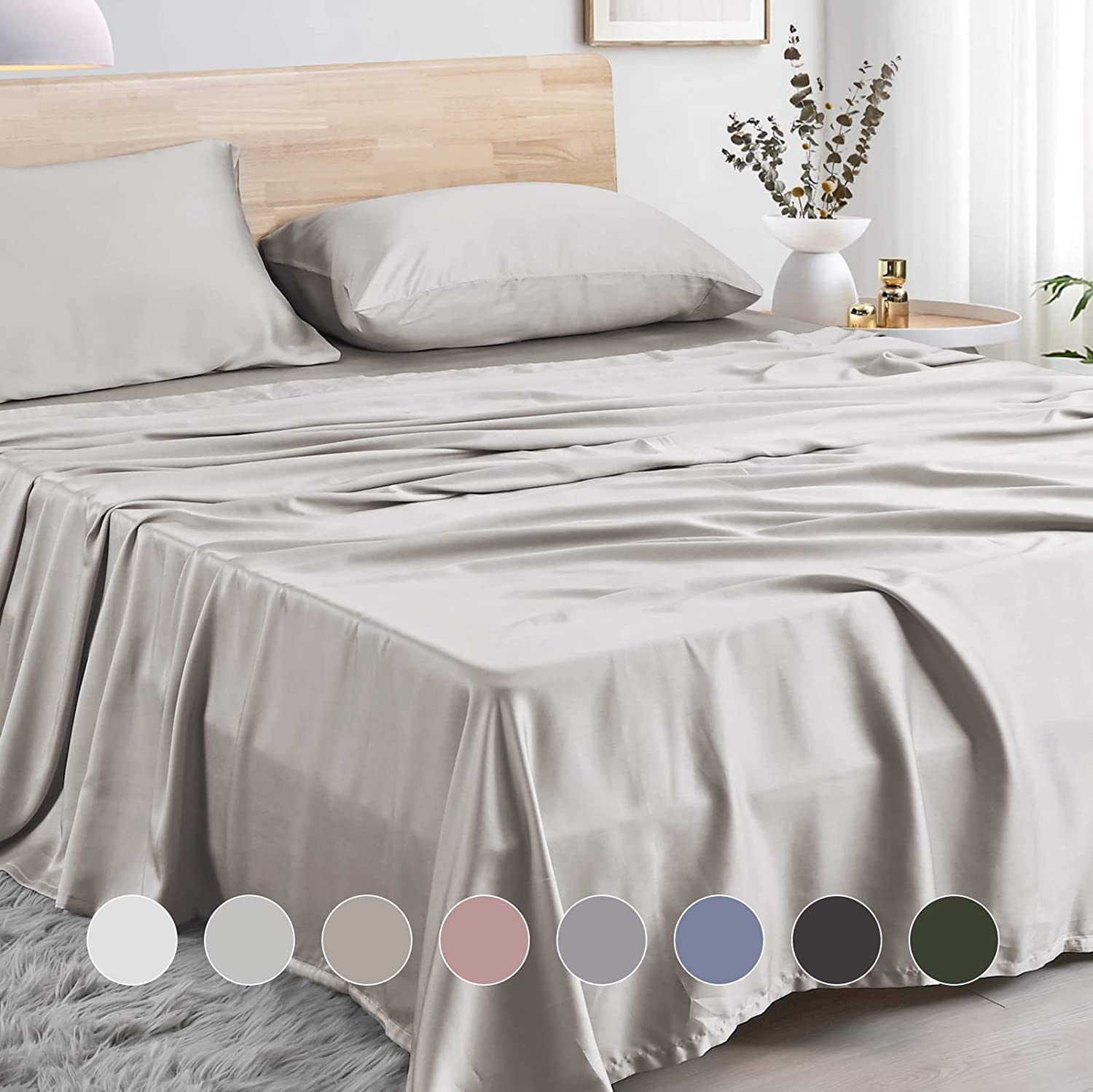 Price:$115.00 Premium 100% Austrian Eucalyptus Lyocell Tencel Sheet Set, Softer Than Silk, Moisture Wicking, Temperature Regulating, Cooling - 2 Pillowcases 1 Fitted (Fog, Cal King - 3pc with No Flat Sheet) : Home & Kitchen