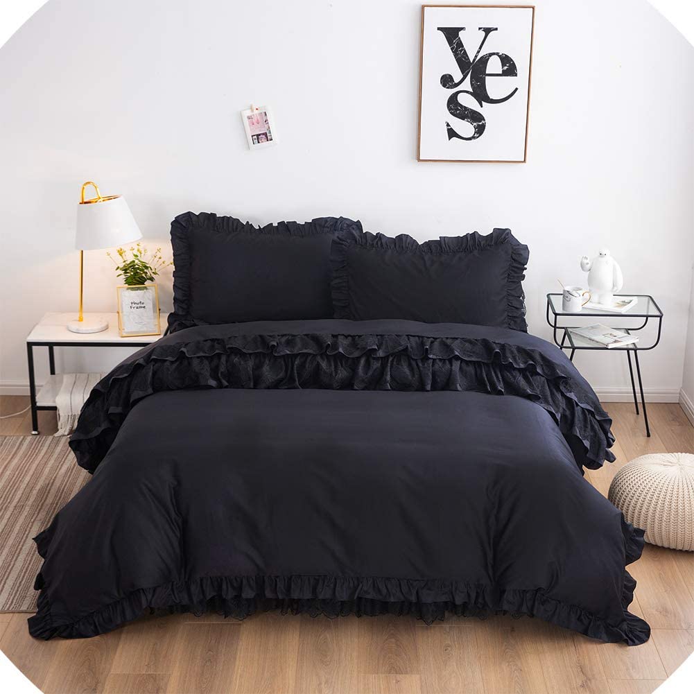 Price:$135.00 Black Bedding Sets Queen 4 Piece 100% Cotton Shabby Vintage Chic Lace Duvet Cover Set Soft Dust Ruffle Mexico Bed Skirt Farmhouse Bedding,Queen : Home & Kitchen