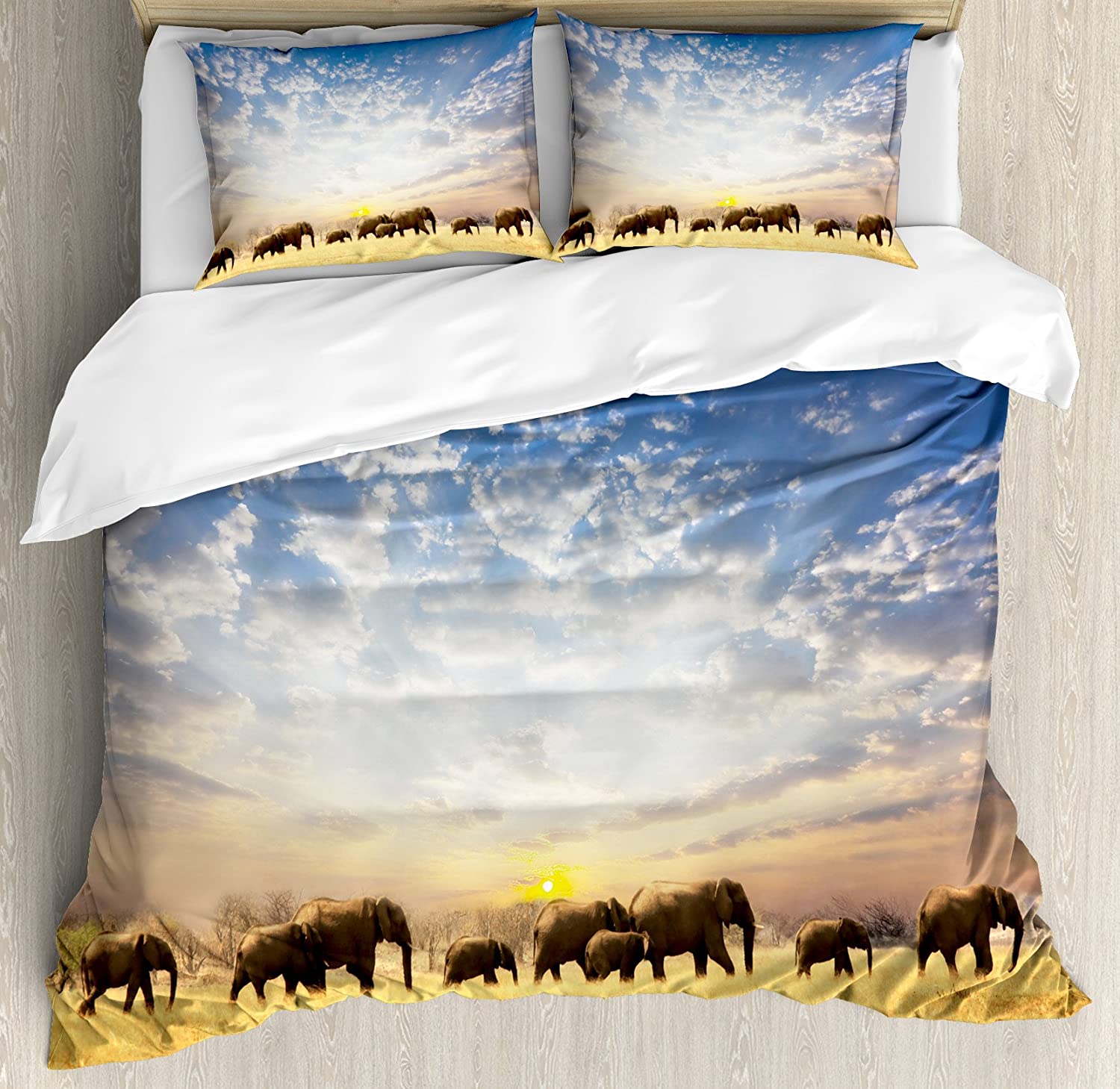Price:$49.96 Savannah Duvet Cover Set, Wild Animals Herd Walking on Meadow at Sunrise Scenery Nature Themed, Decorative 3 Piece Bedding Set with 2 Pillow Shams, King Size, Mustard Blue and White : Home & Kitchen