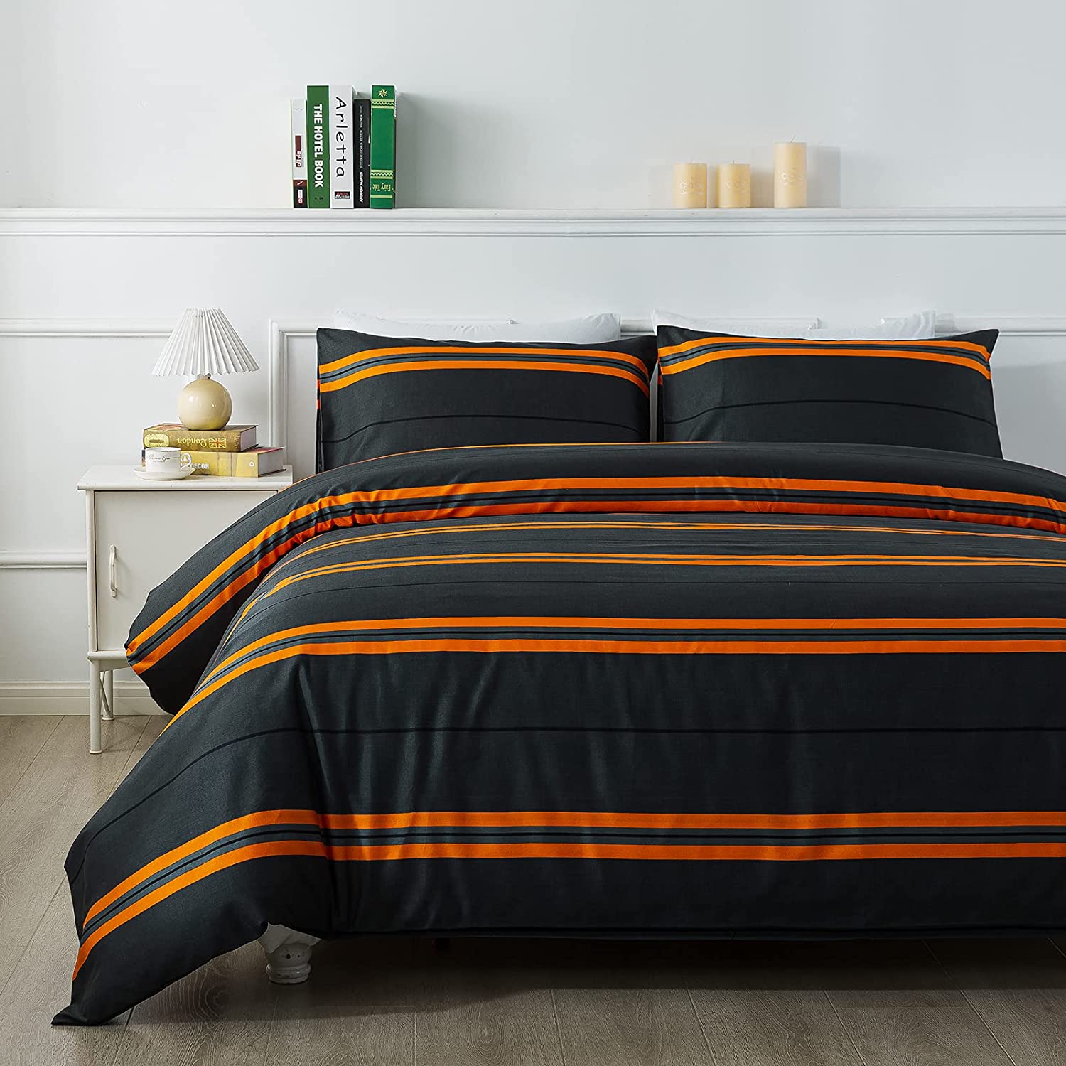 Price:$24.90 Strip Bedding King Size 3 Piece Black and Orange Light-Weight Microfiber Duvet Cover Set Zipper Corner Ties : Home & Kitchen