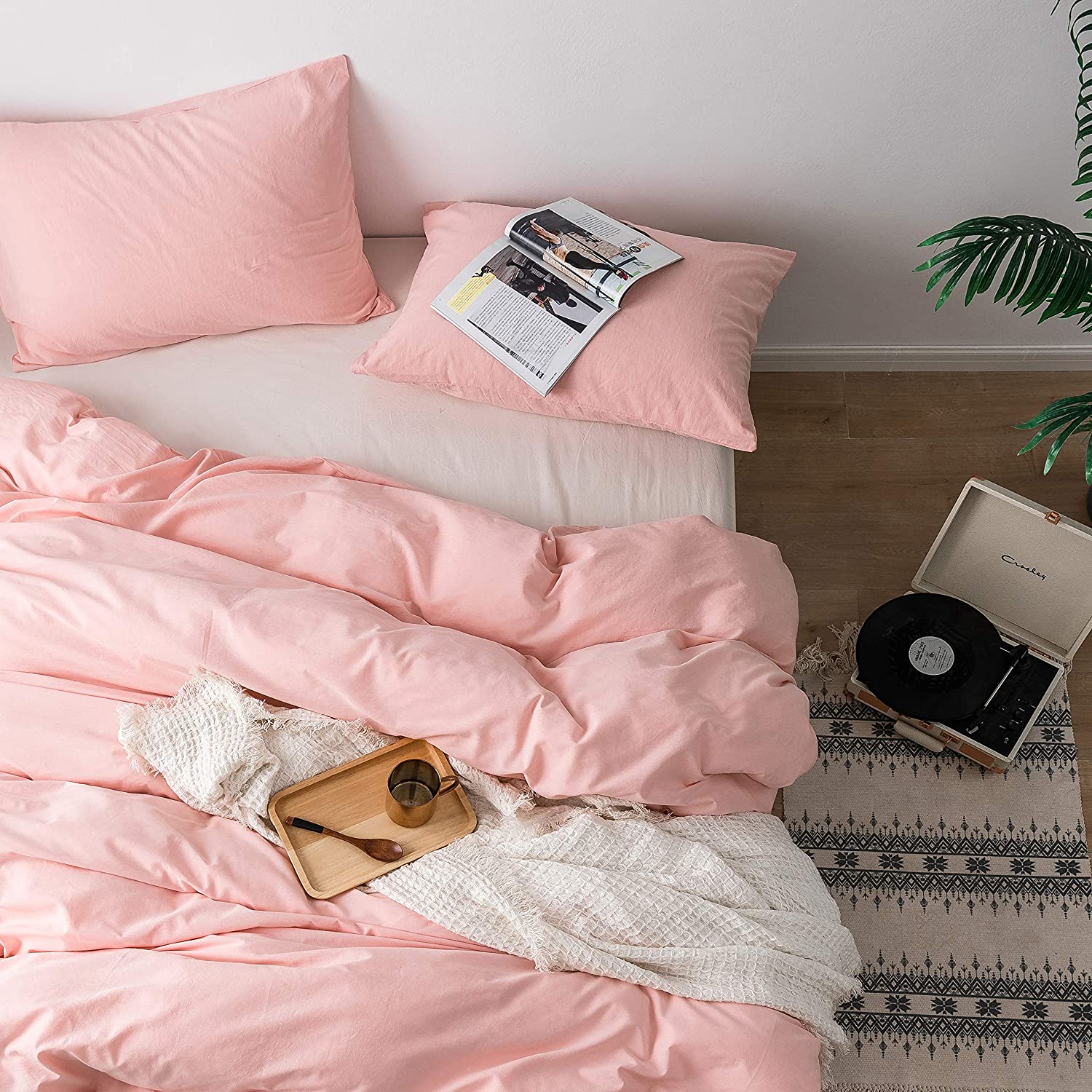 Price:$34.95 Pink 100% Stone Washed Cotton Duvet Cover Set I 3 Piece Bedding Set (2 Pillow Shams and 1 Duvet Cover) I Soft Wrinkled Striped Design (Pink, King) : Home & Kitchen