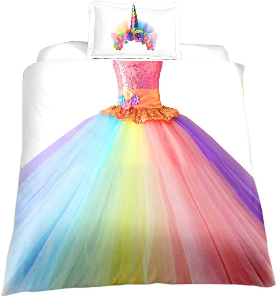 Price:$24.29 Children's Bedding Set,Rainbow Unicorn Princess Dress for Girls Duvet Cover with Pillowcase,Kids Birthday Gift Home Bedroom Decoration,Microfiber,No Comforter, US Full 3pcs : Home & Kitchen