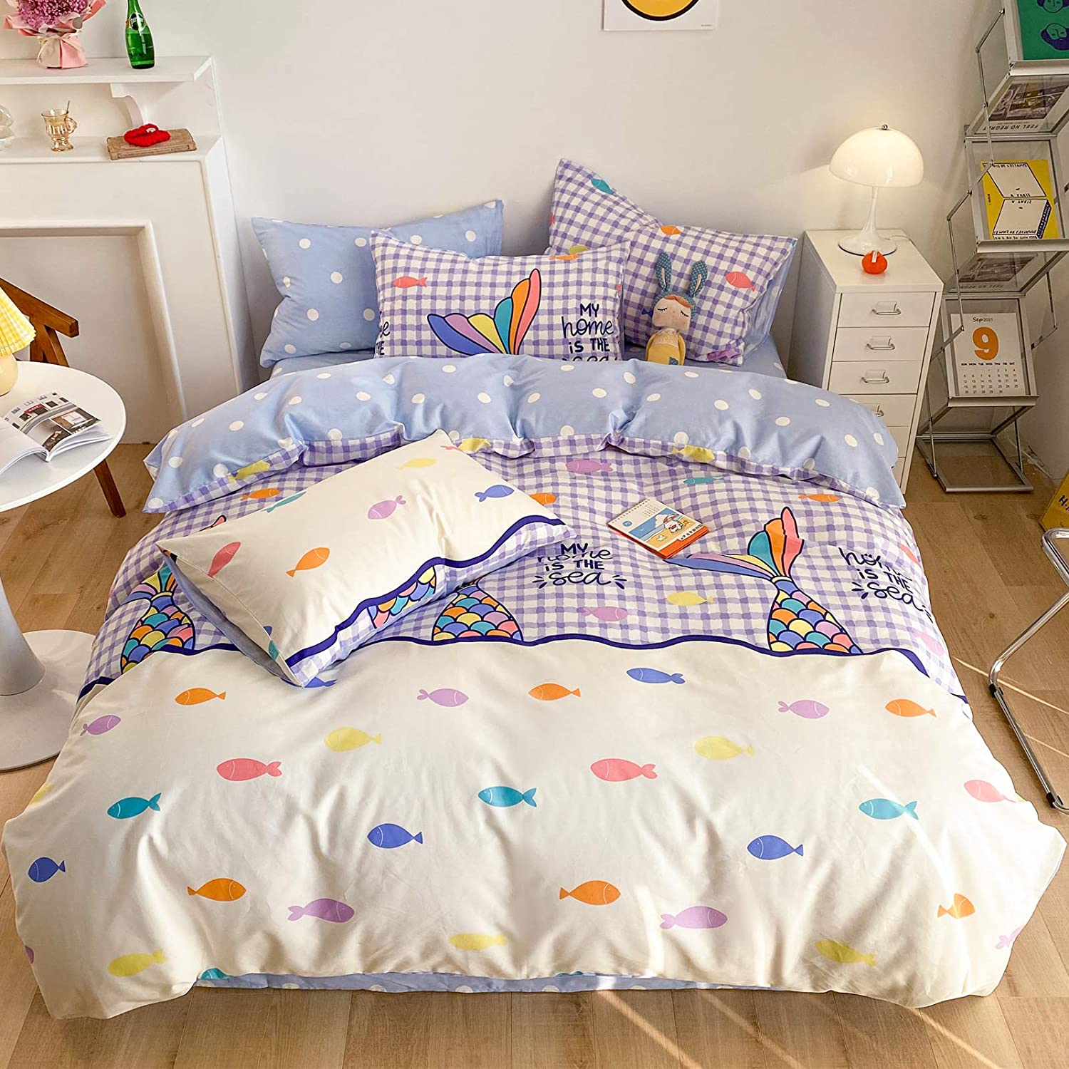 Price:$42.99 Mermaid Tail Duvet Cover Set Twin 100% Cotton Bedding for Kids Girls Teens Colorful Fish Scales on Purple Violet Plaid 1 Cartoon Princess Comforter Cover Zipper Ties 2 Pillowcases Twin : Home & Kitchen