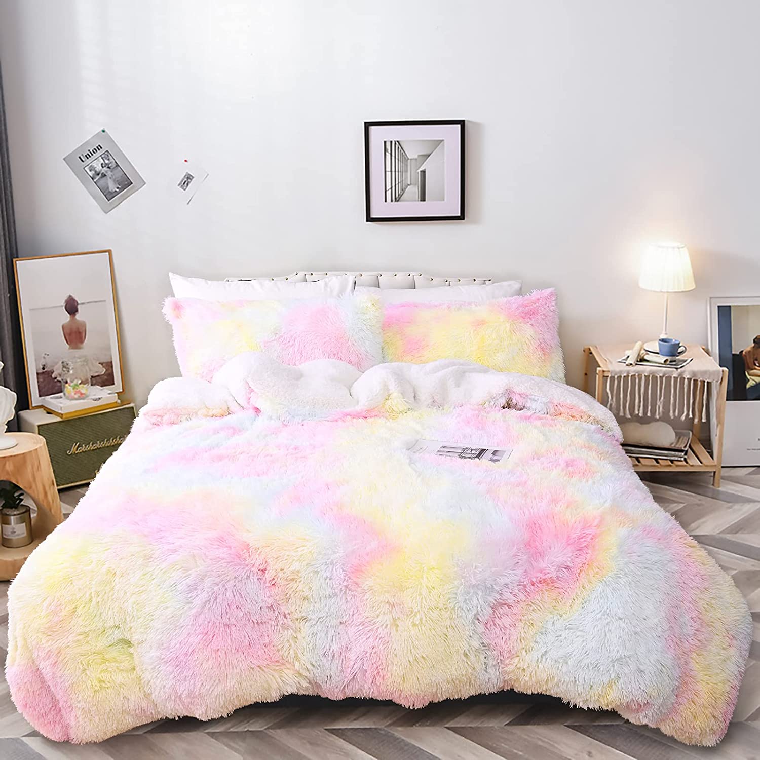 Price:$65.99 Ultra Soft Plush Shaggy Duvet Cover Bedding Set, 4 PCS Faux Fur Rainbow Warm Comforter Cover Sets, Contains 2 Pillowcases, 1 Furry Velvet Duvet Cover and 1 Luxury Bedspread : Home & Kitchen