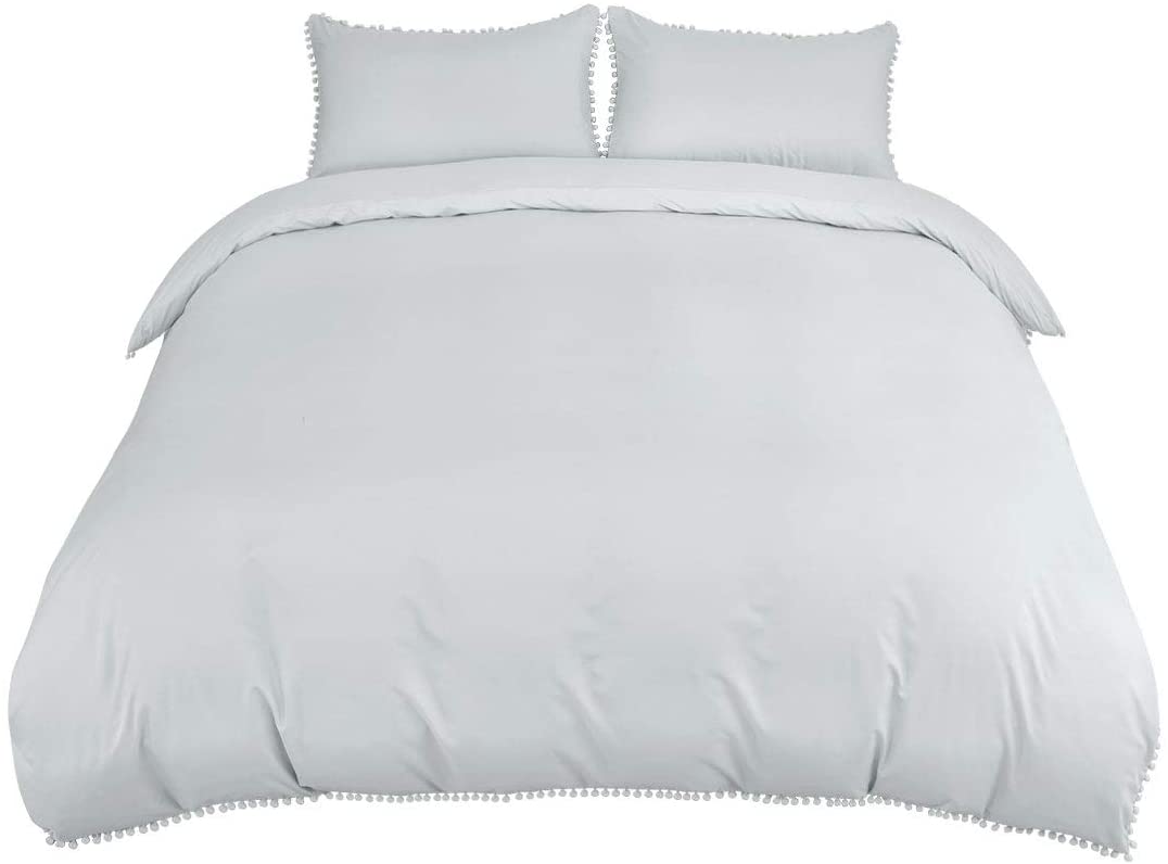 Price:$33.49 3 Pcs Duvet Cover Set with Pompoms,110gsm Brushed Polyester Microfiber Bedding Set,Duvet Cover & 2 Pillowcase,Zipper Closure & Corner Ties(No Duvet) King Gray : Home & Kitchen