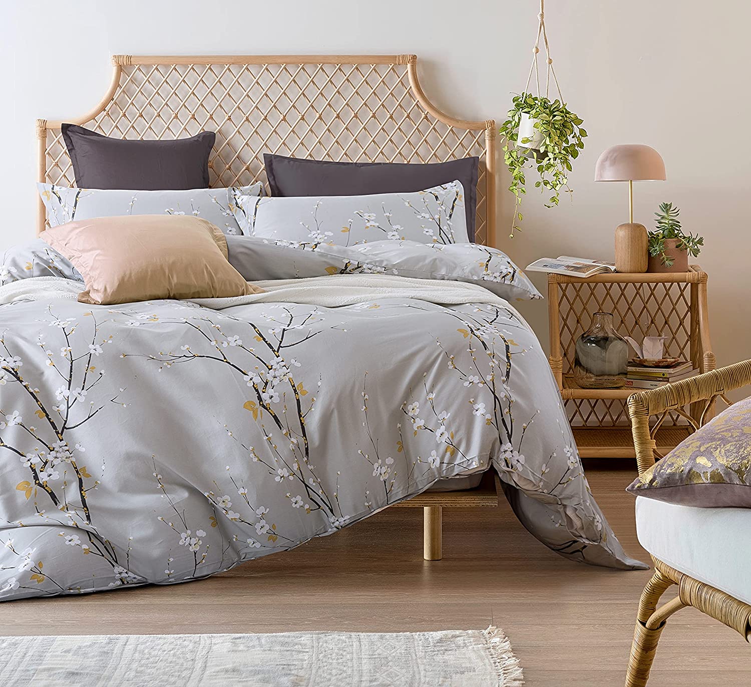 Price:$128.80 Blossom Japanese Oriental Style Cherry Almond Bloom Floral Branches Print Duvet Cover 400tc Cotton Chinoiserie Chic Bedding 3 Piece Set Palatial Oversized King 120x98 (Super King, Light Grey) : Home & Kitchen