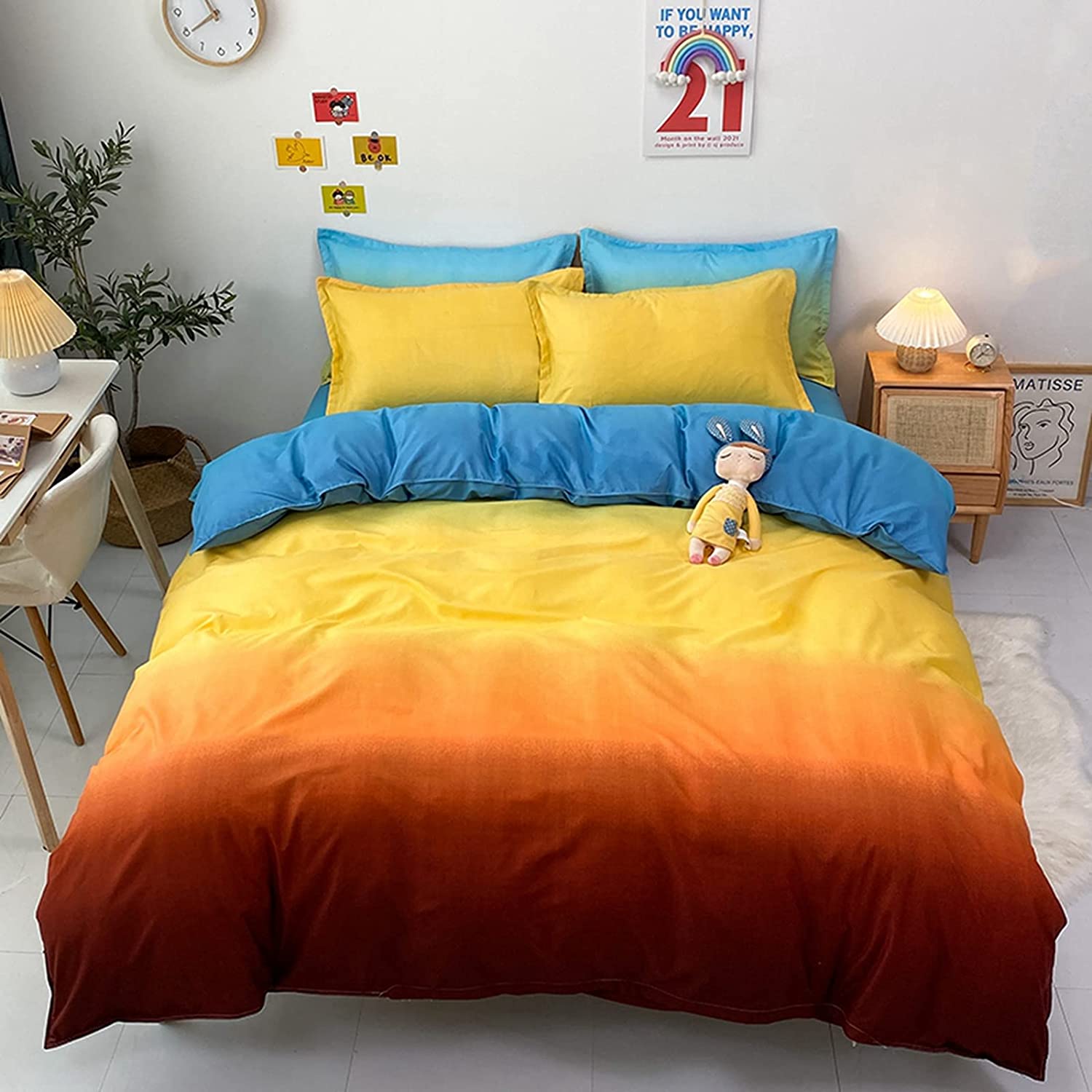 Price:$29.99 Cover Set Queen Size Kids Yellow Blue Aesthetic Bedding Reversible Lightweight Microfiber Cover with Zipper Closure Boys and Girls (1 Cover+2 Pillowcases) : Home & Kitchen