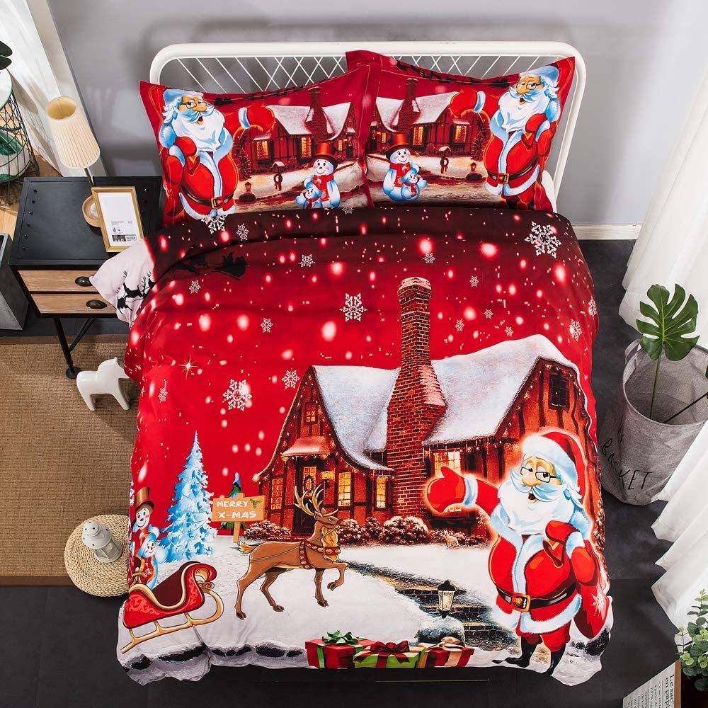 Price:$25.99 Bedding Set Santa Snowflake Print Duvet Cover 3 Pieces Santa Claus Pattern Bedding Cover Set with 2 Pillow Sham Queen Size 90" x90''(Not Comforter) : Home & Kitchen