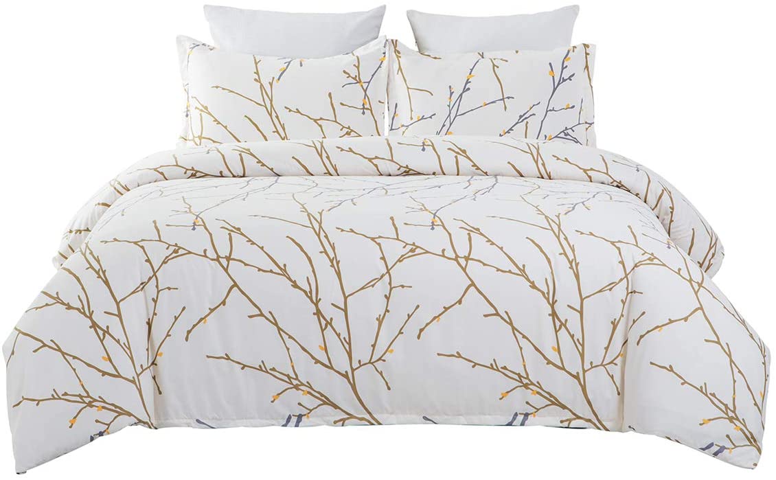 Price:$28.99 Microfiber Printed Floral Duvet Cover Set with Zipper Closure, Branch Printed Pattern, Beige Color- Queen Size : Home & Kitchen