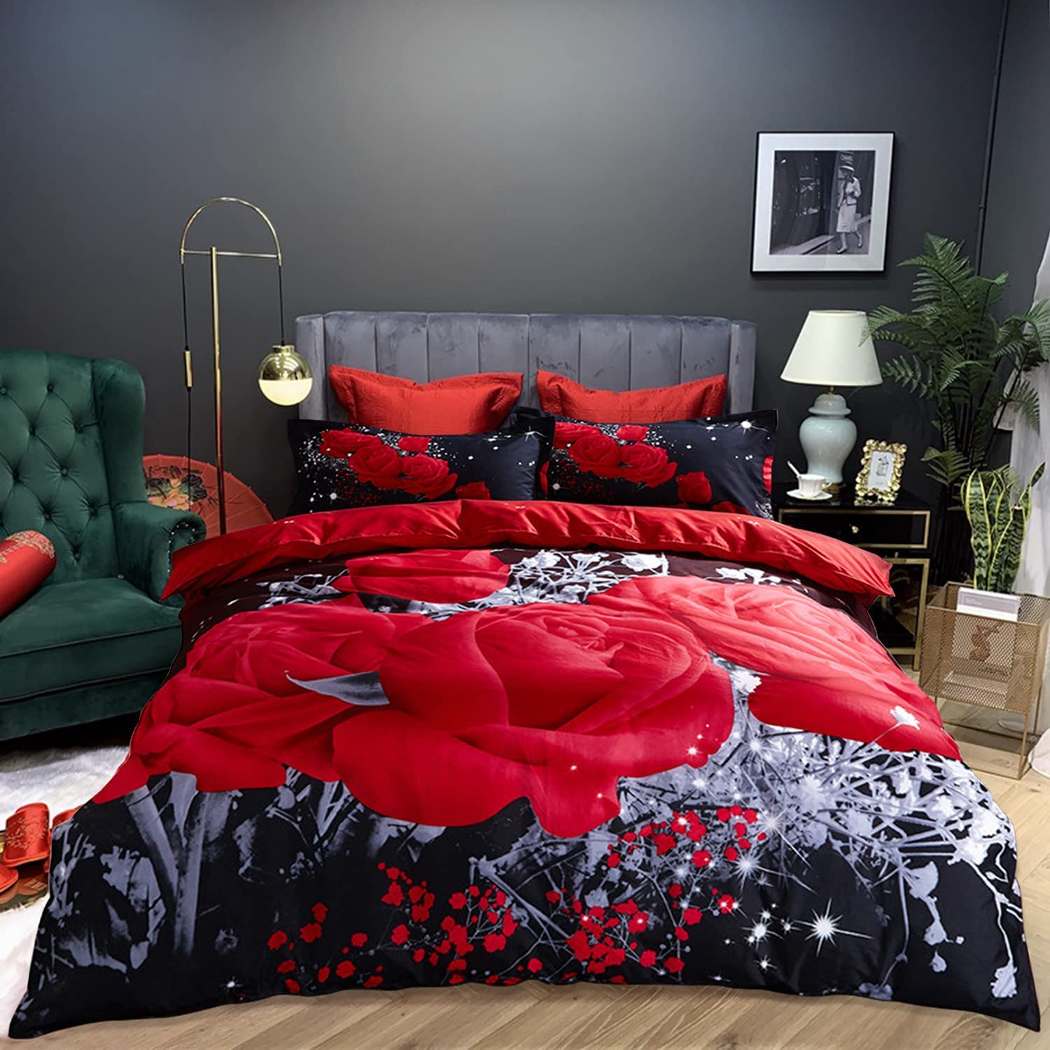 Price:$36.99 Rose Duvet Cover Set Full Size Soft Luxury 3D Rose Flower Microfiber Bedding Set 3Pcs Romantic Quilt Cover with Zipper Closure and 4 Corner Ties (Black and Red) : Home & Kitchen