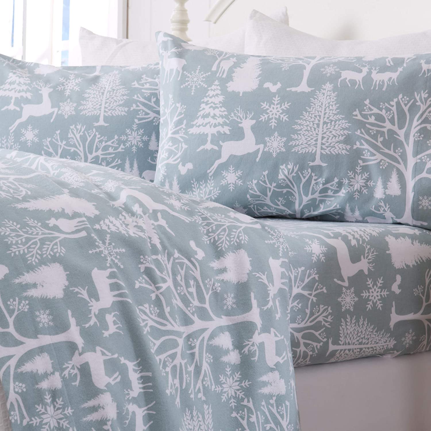 Price:$54.99 Bay Home - 100% Turkish Cotton Queen Flannel Sheet Set. Heavyweight, Warm, Winter Luxury Bed Sheets. Pre-Shrunk & Anti-Pill - Enchanted Woods - Blue : Home & Kitchen