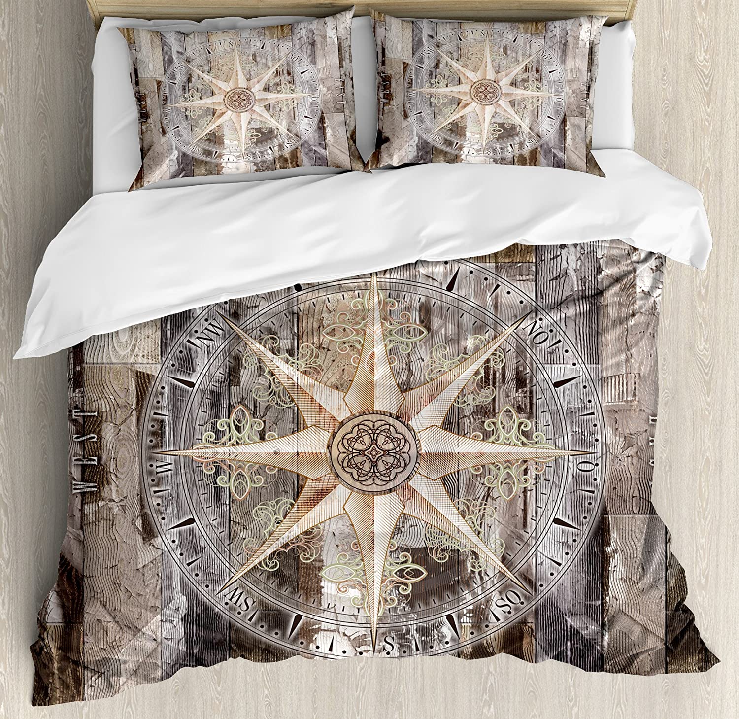 Price:$79.95 Marine Life Duvet Cover Set, Navy Sea Life Yacht Theme Colored Wood Backdrop Rudder Like Compass Marine Image, Decorative 3 Piece Bedding Set with 2 Pillow Shams, Queen Size, Light Brown : Home & Kitchen