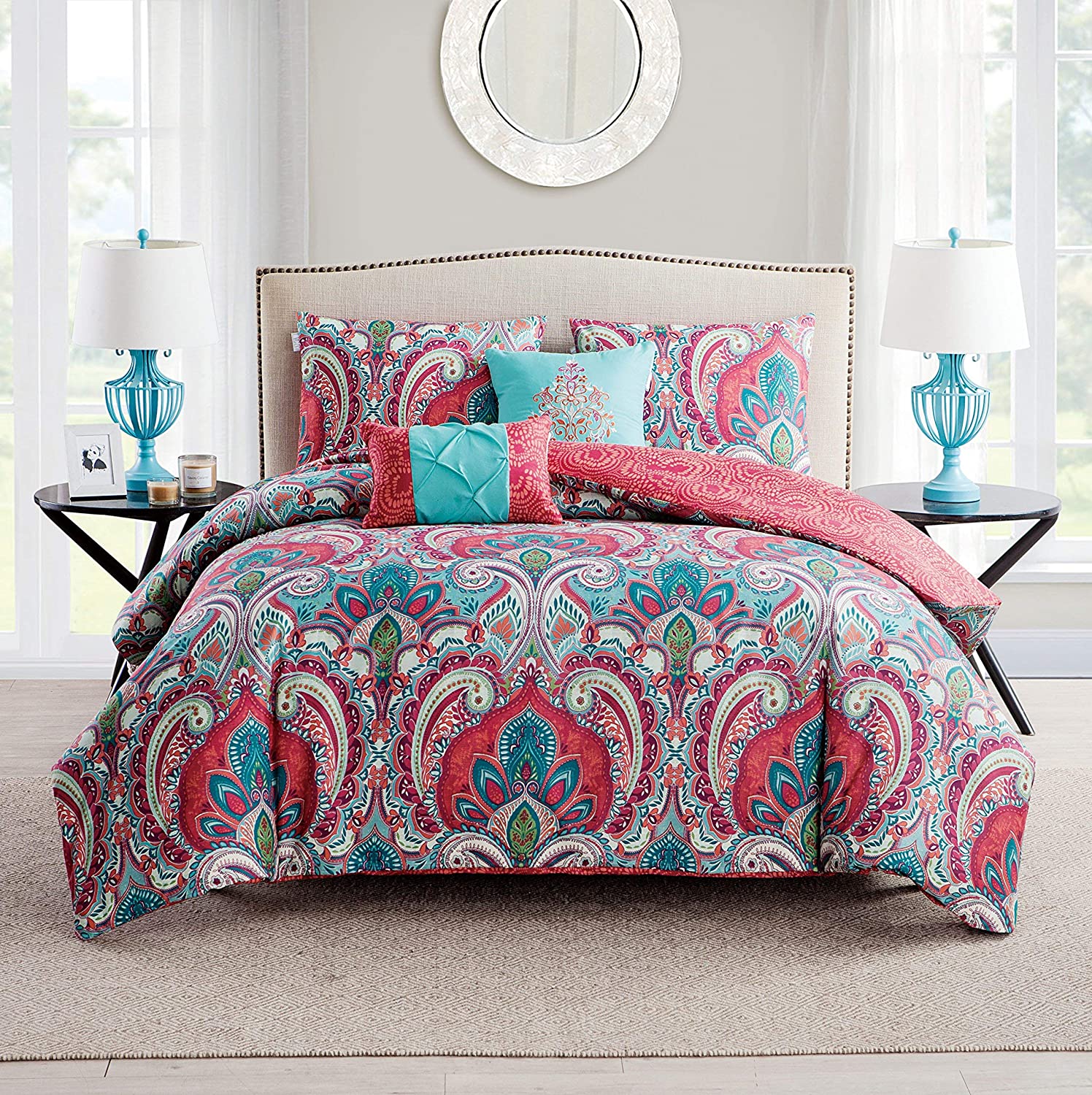 Price:$60.86 Home | Casa Real Collection | Soft Microfiber Paisley Reversible Duvet Cover, Premium 5 Piece Bedding Set, Stylish Retro Design for Home Décor, Full/Queen, Pink/Turquoise : Home & Kitchen