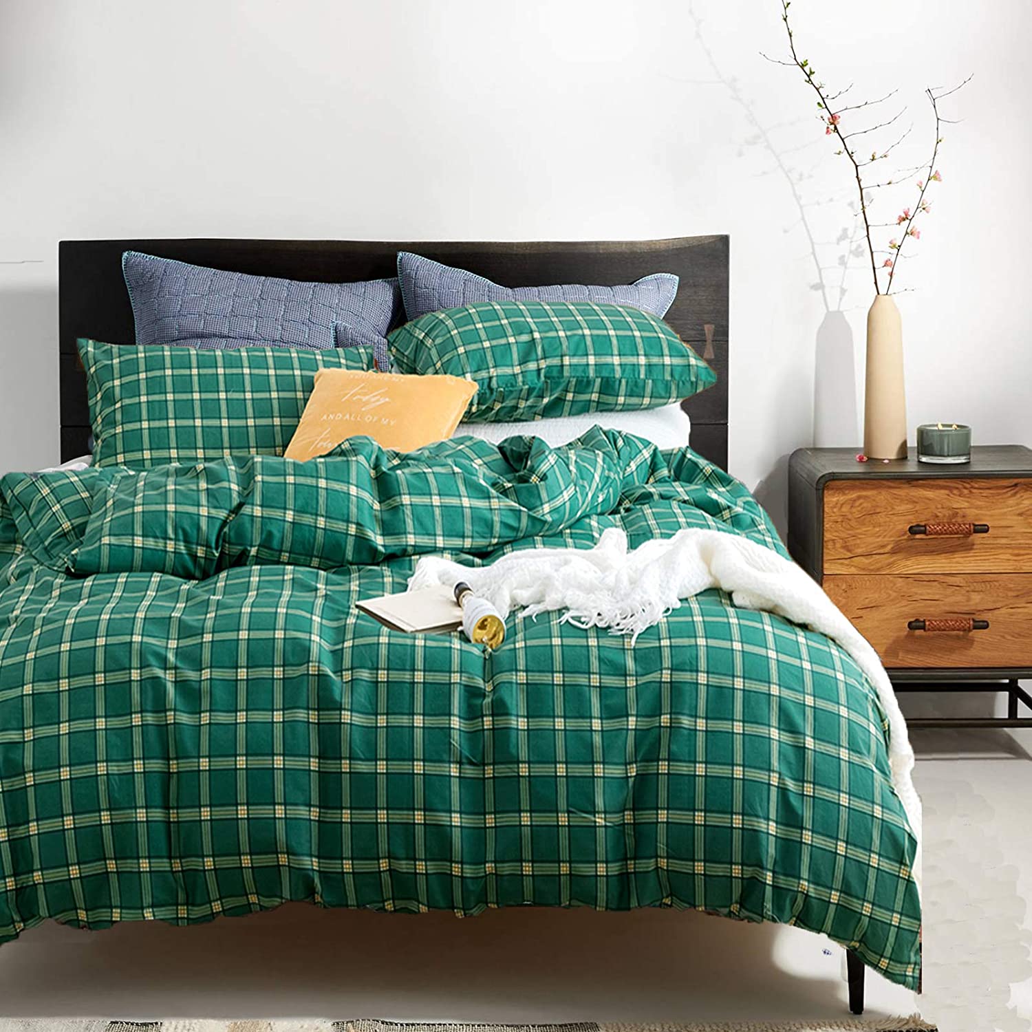 Price:$38.50 Green Grid Duvet Cover Set Queen Men Boys Plaid Checkered Bedding Cover Sets Full 100% Cotton Plaid Checkered Gingham Reversible Soft Breathable Duvet Cover Sets with 2 Pillowcases : Home & Kitchen