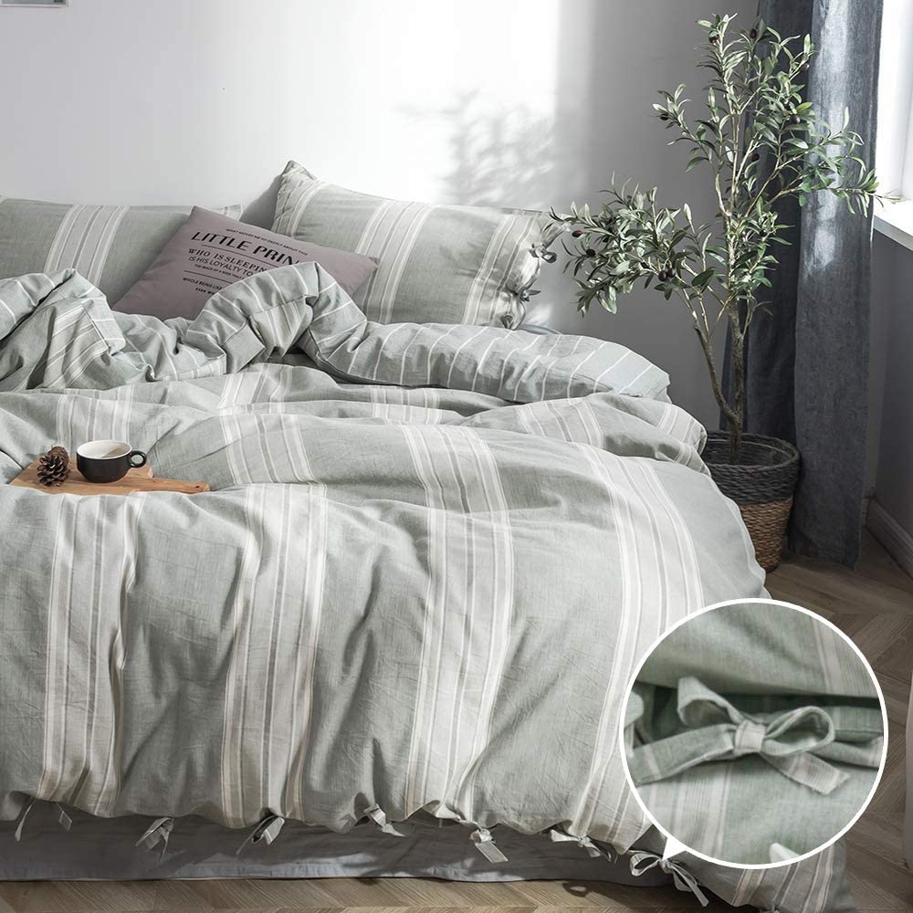Price:$55.99 100% Washed Cotton Striped Duvet Cover Set 3pcs Bowknot Bow Ties Strap Design Reversible Soft Yarn Dyed Linen Feel Chic Country Bedding (Queen, Grayish Green) : Home & Kitchen