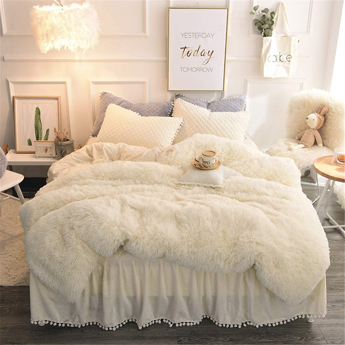 Price:$99.00 3PCS Shaggy Bedding Sets, 1 Velvet Flannel Duvet Cover + 1 Quilted Ruffle Bed Sheet Skirt + 1Pompoms Fringe Pillow Sham, Zipper Closure Velvet Bedding Sets (Cream White, Twin) : Home & Kitchen
