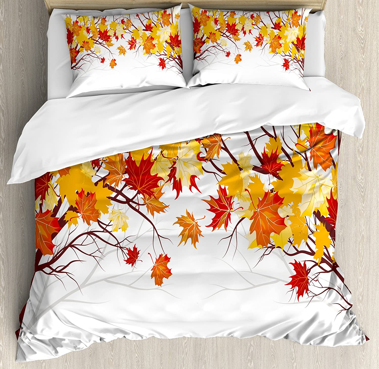 Price:$53.98 Fall Duvet Cover Set, Image of Canadian Maple Tree Leaves in Autumn Season with Soft Reflection Effects, Decorative 3 Piece Bedding Set with 2 Pillow Shams, King Size, Orange White : Home & Kitchen