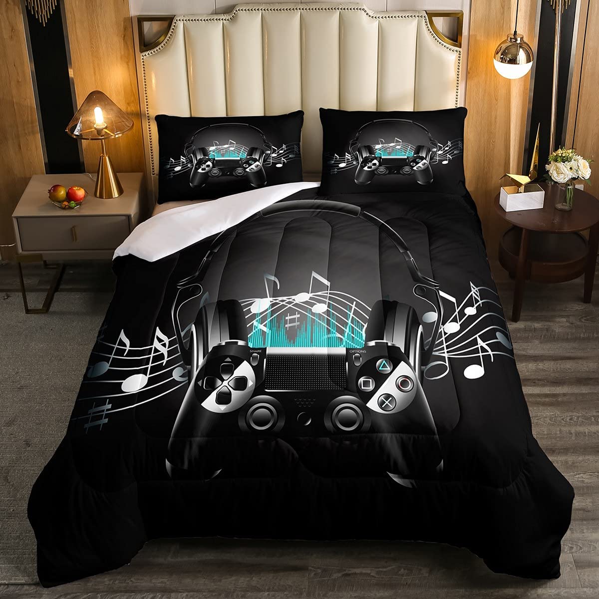 Price:$32.00 Boys Gamer Comforter Set Twin Size Headphone Gamepad Bedding Set Kids Young Man Video Games Comforter for Teen Child Game Room Black Decor Piano Note Gaming Quilted Duvet Set with Pillowcase : Home & Kitchen