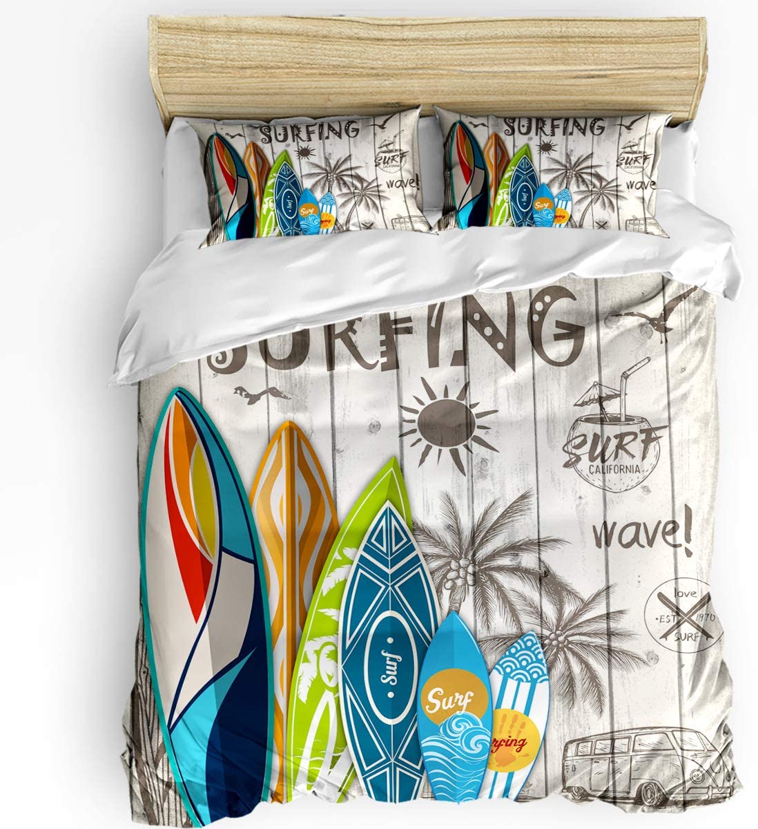 Price:$69.99 3 Piece Duvet Cover Set Twin Size for Adults, Boys, Girls, Kids, Lightweight and Soft Bedding, Summer Surfboard on The Wood Board Brushed Microfiber Quilt Cover Set : Home & Kitchen