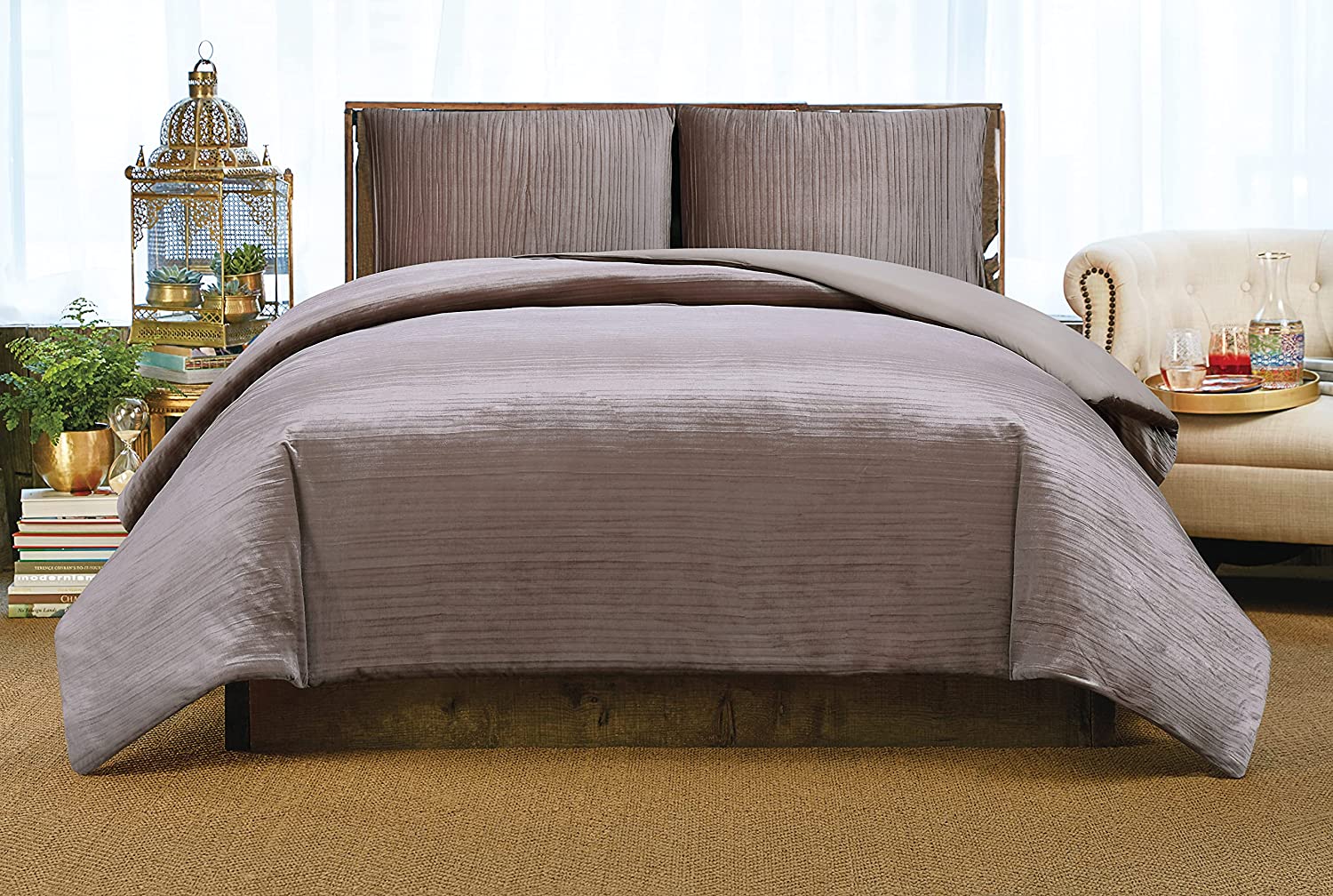 Price:$69.81 Siriano Crinkle Luster Velvet 3 Piece King Duvet Cover Set in Rosé : Home & Kitchen