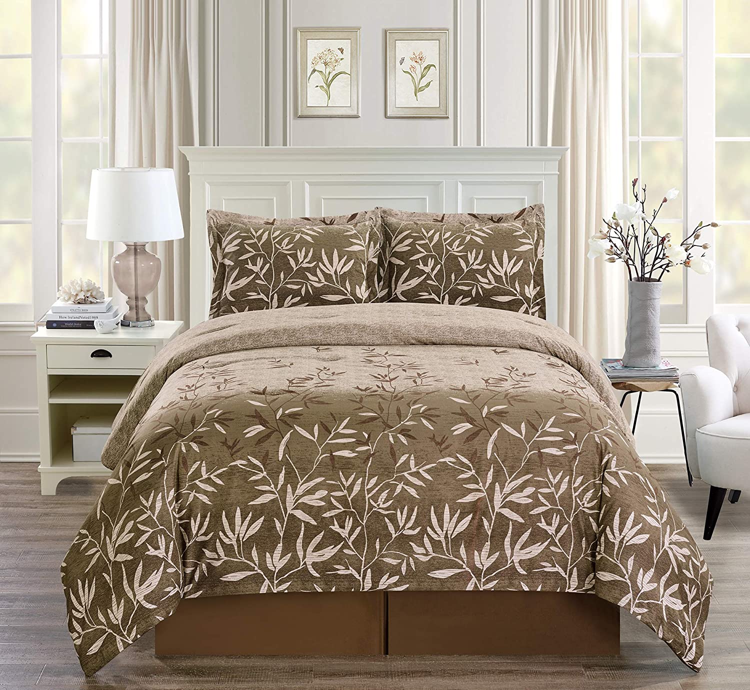 Price:$29.95 Earth Tones Brown, Taupe, Bamboo Tropical Primrose Duvet Cover Set with Pillow Shams Queen Size Bed Cover : Home & Kitchen