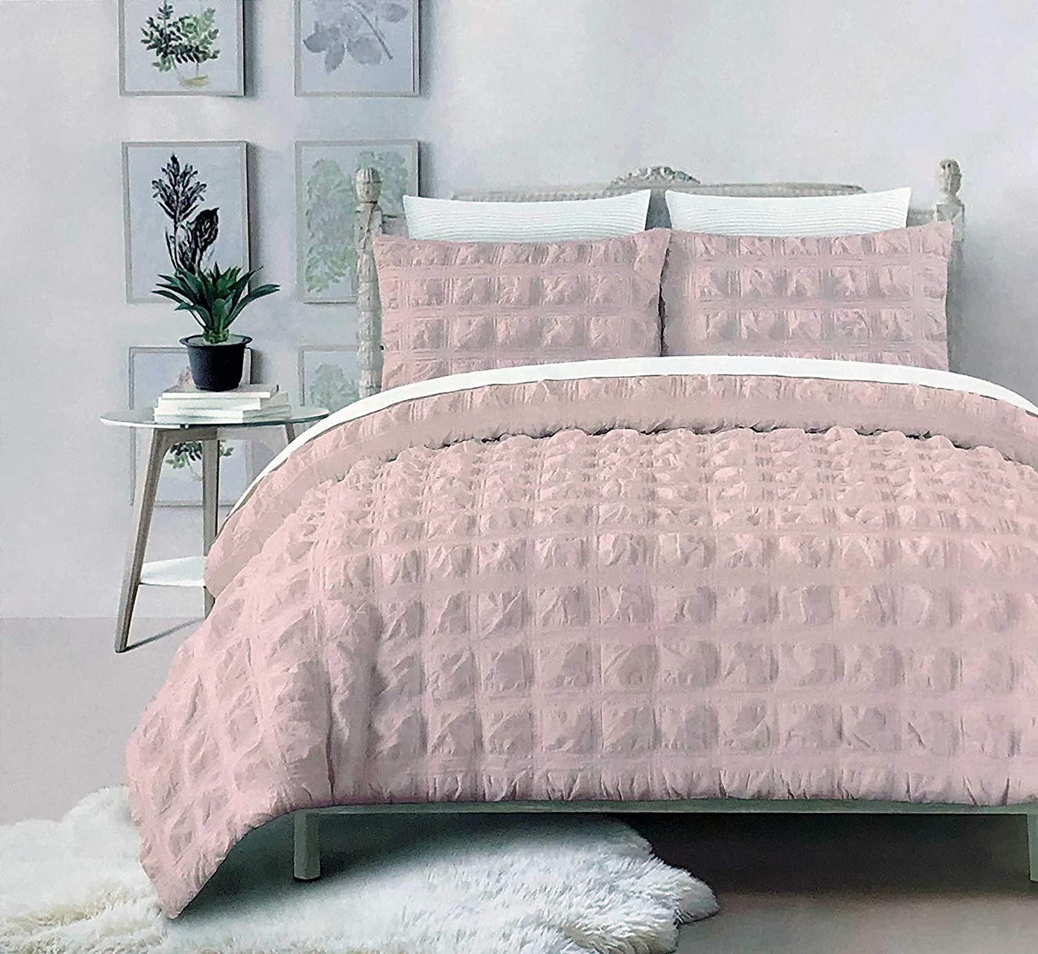 Price:$84.99 & Willow Solid Salmon Pink 3pc Duvet Set Textured Ruched Farmhouse Style Squares Pattern 100% Cotton Comforter Quilt Cover with Shams (Full/Queen) : Home & Kitchen
