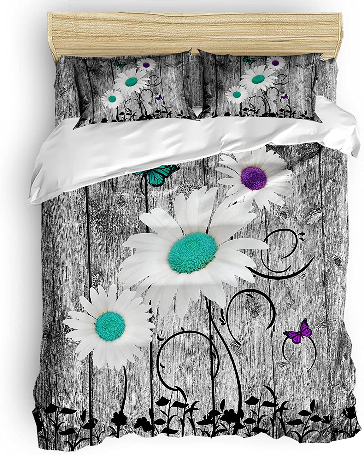 Price:$110.99 Duvet Cover Full Set,Soft 4 Pieces Washed Set, Teal Purple Daisy Retro Farmhouse Wooden Board Comforter Cover with Zipper Closure,1 Duvet Cover + 1 Bed Sheet+ 2 Pillow Shams : Home & Kitchen