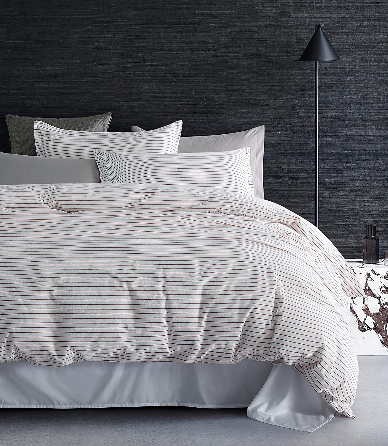 Price:$108.80 Cotton Narrow Pinstripes Chambray Duvet Cover Relaxed Minimal Classical Shore House Style Bedding Set Yarn Dyed Striped Pattern Nautical Breton Stripe (Super King, Clay) : Home & Kitchen