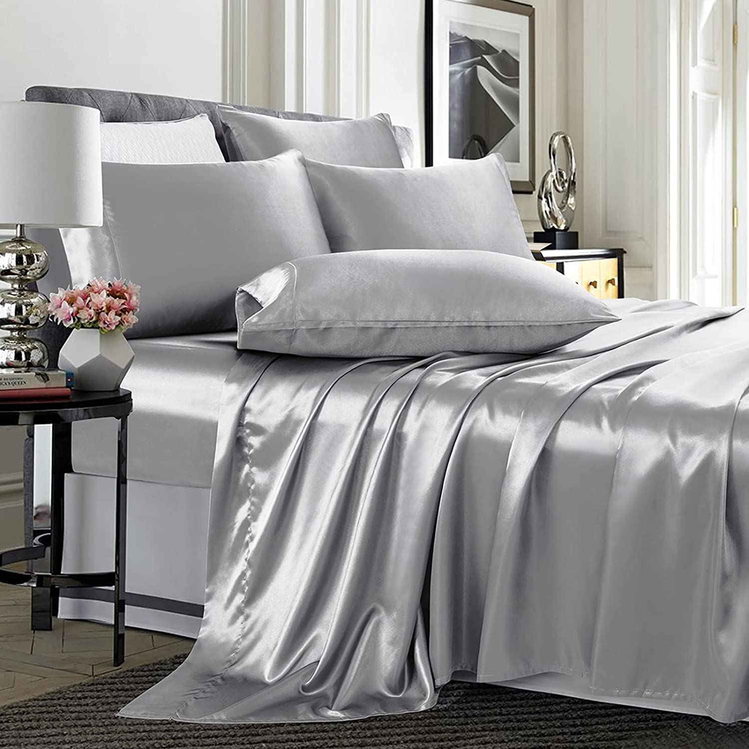 Price:$39.99 6 Piece Satin Sheets King Size Silky Smooth Silver Grey Satin Sheet Set with Deep Pocket, Satin Fitted Sheet, Flat Sheet, 4 Satin Pillowcase : Home & Kitchen