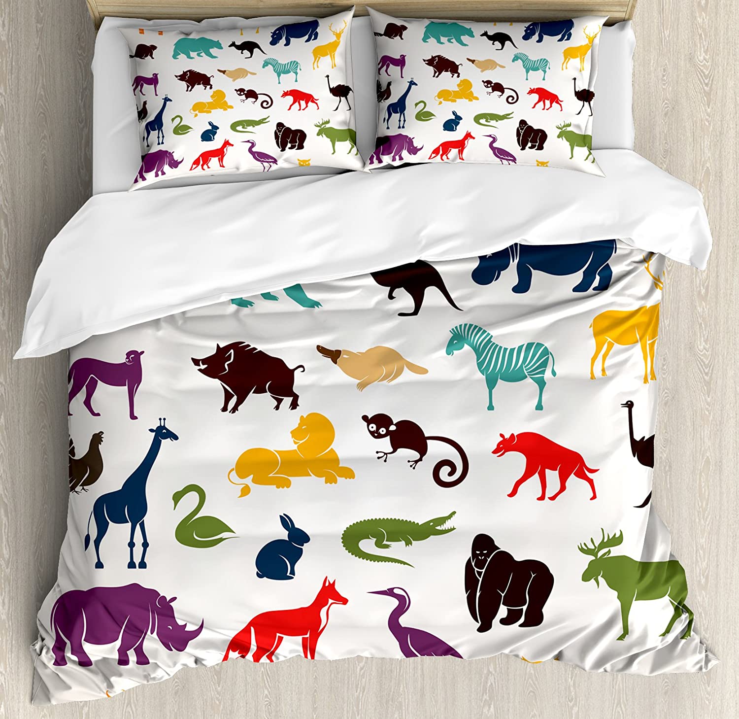 Price:$39.96 Zoo Duvet Cover Set, European Animal Silhouettes in Cartoon Style Savannah Wildlife Zoo Themed Colorful Print, Decorative 3 Piece Bedding Set with 2 Pillow Shams, Queen Size, Orange Seafoam : Home & Kitchen