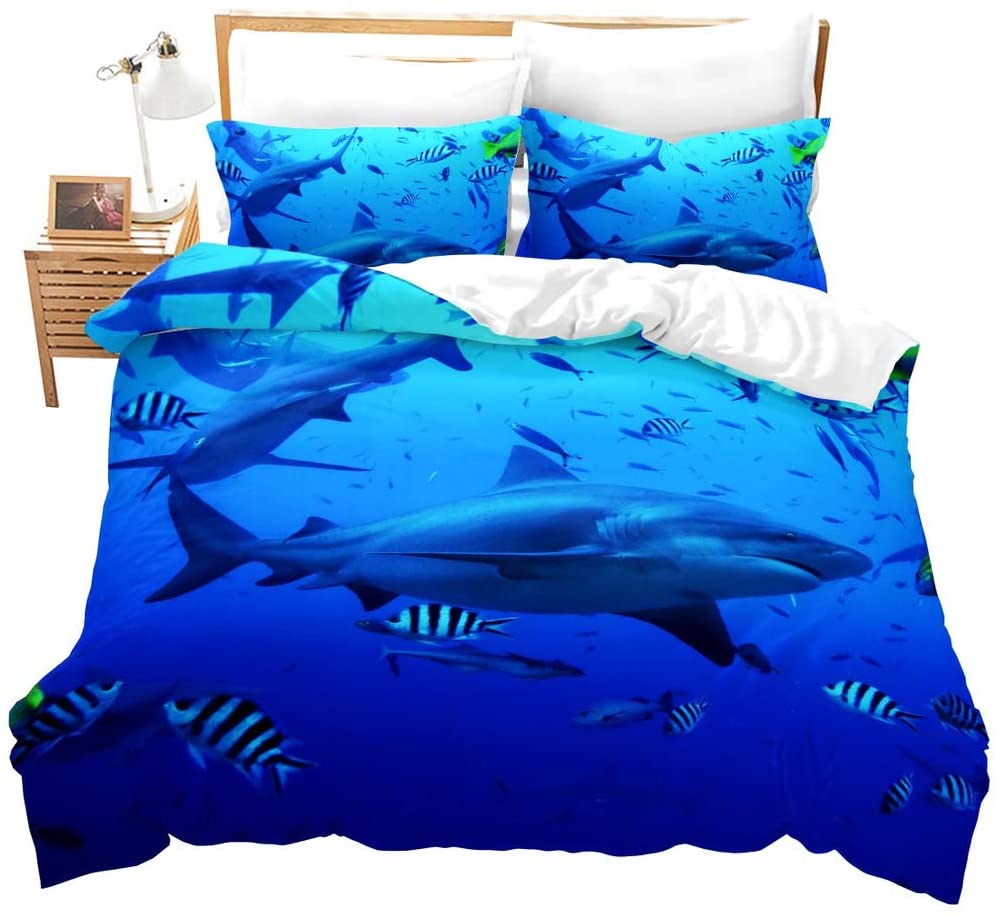 Price:$45.00 Shark Bedding Duvet Cover Ocean Comforter Cover Watercolor Fish Quilt Cover Sea Animal Bedspread,Decoration Bedding Sets 3 Pcs with 2 Pillowcases (Blue,Queen) : Home & Kitchen