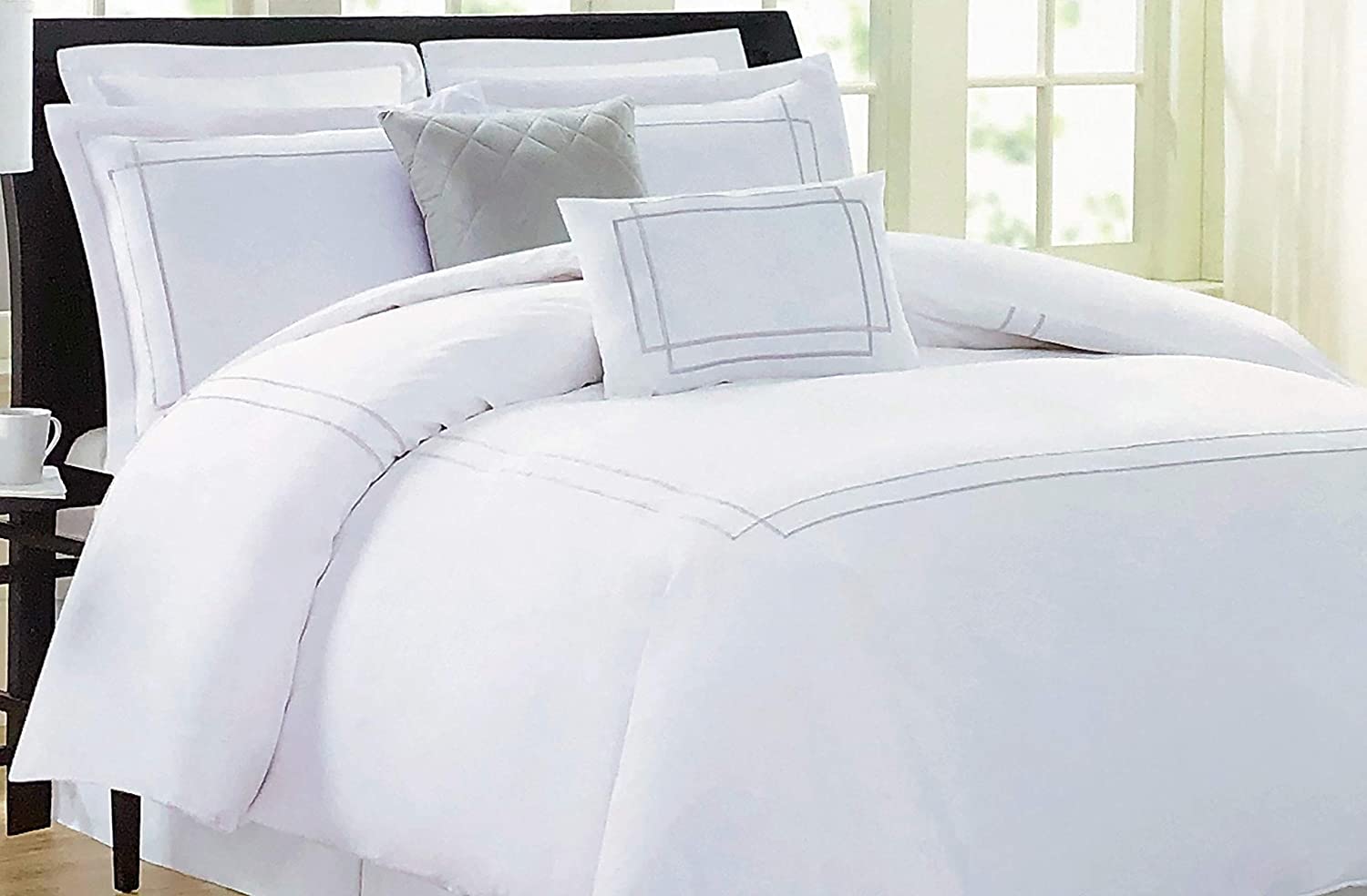 Price:$74.99 Collection Bedding 3 Piece Queen Size Bed Duvet Cover Set Embroidered Metallic Silver Gray Thread Geometric Border Stripes on White : Home & Kitchen
