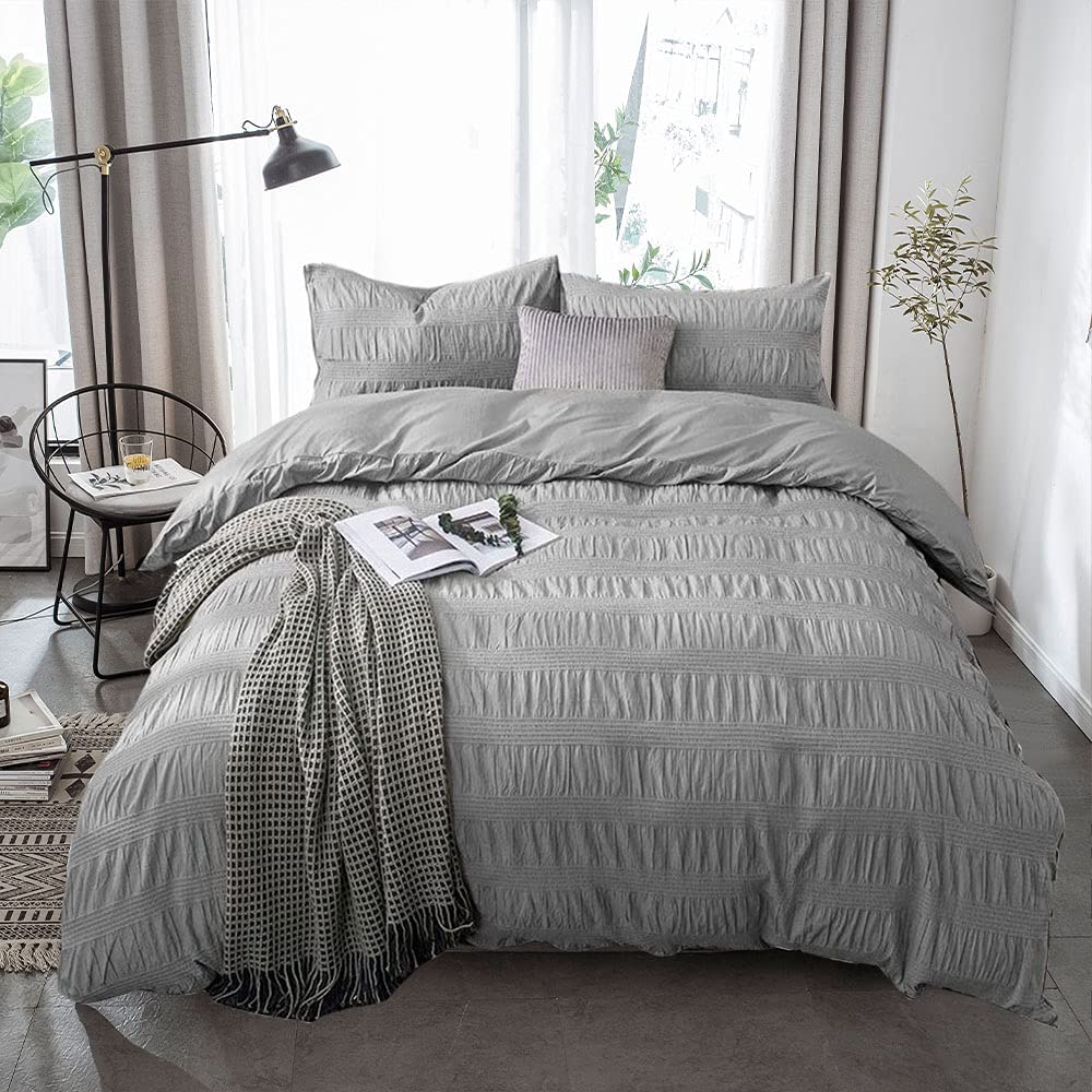 Price:$59.99 Seersucker Duvet Cover Set Queen Size,100% Cotton Grey Seersucker Stripe Duvet Cover with 2 Pillowshams,3 Pieces Bedding Set - Queen - Grey : Home & Kitchen