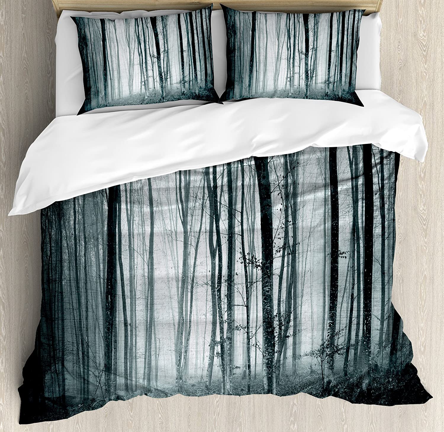 Price:$89.95 Mystical Duvet Cover Set, Grunge Color Shade Foggy Mystical Dark Forest Tall Trees Horror Theme Print, Decorative 3 Piece Bedding Set with 2 Pillow Shams, King Size, Teal and Grey : Home & Kitchen