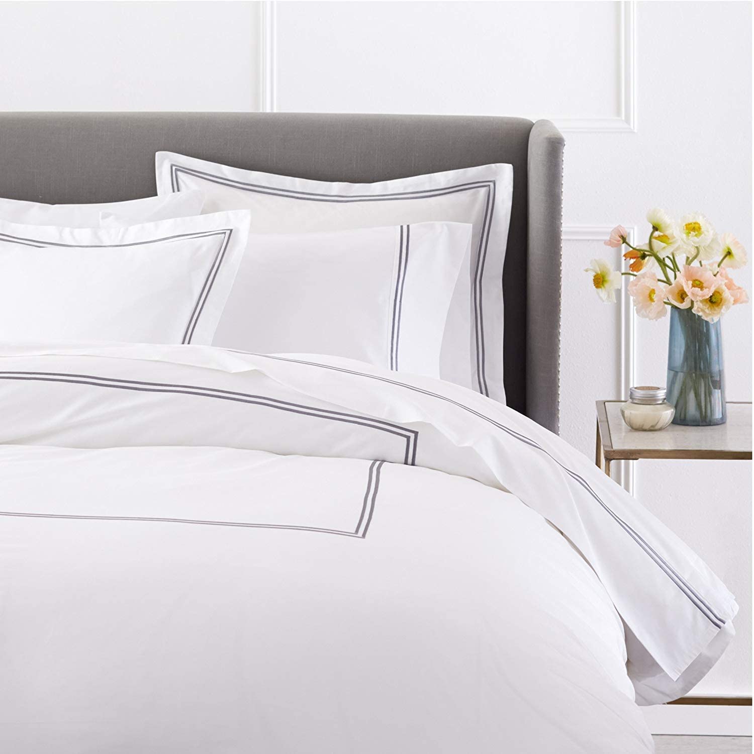 Price:$55.89 Decor 400 Thread Count 100% Cotton Sateen Hotel Stitch Duvet Cover Set Queen Light Grey : Home & Kitchen