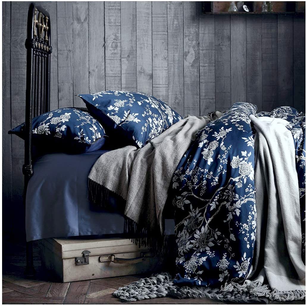 Price:$108.80 Floral Chinoiserie Blossom Print Duvet Quilt Cover Navy Blue Tan White Asian Style Botanical Tree Branches Ornamental Drawing 400TC Egyptian Cotton 3pc Bedding Set (Queen) : Home & Kitchen