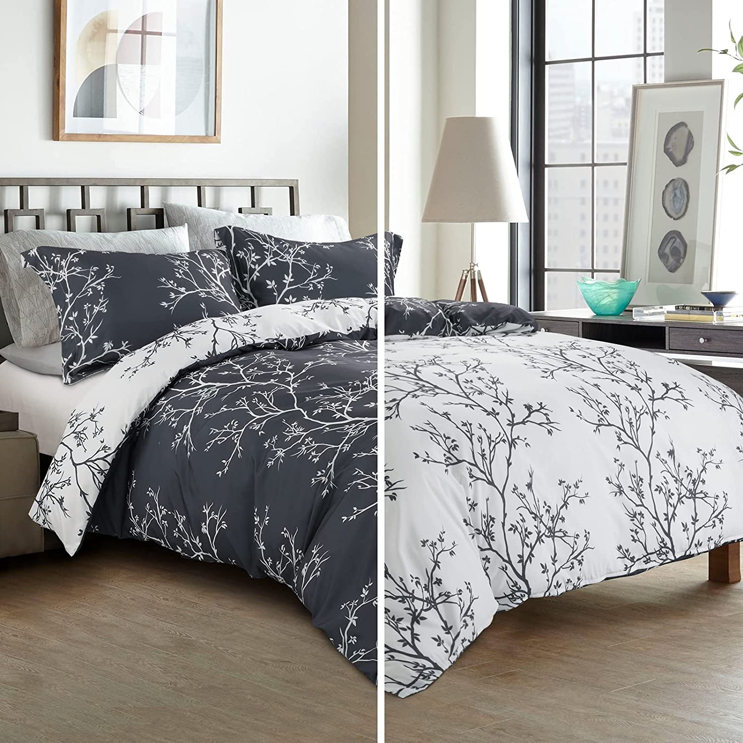 Price:$38.99 Ultra Soft Reversible Duvet Cover Set, 3 Pieces Luxury 100% Brushed Microfiber Bedding Cover Sets, Navy Gray Blue and White Printed Tree Branch Design(1Comforter Cover+2 Pillow Shams, King : Home & Kitchen