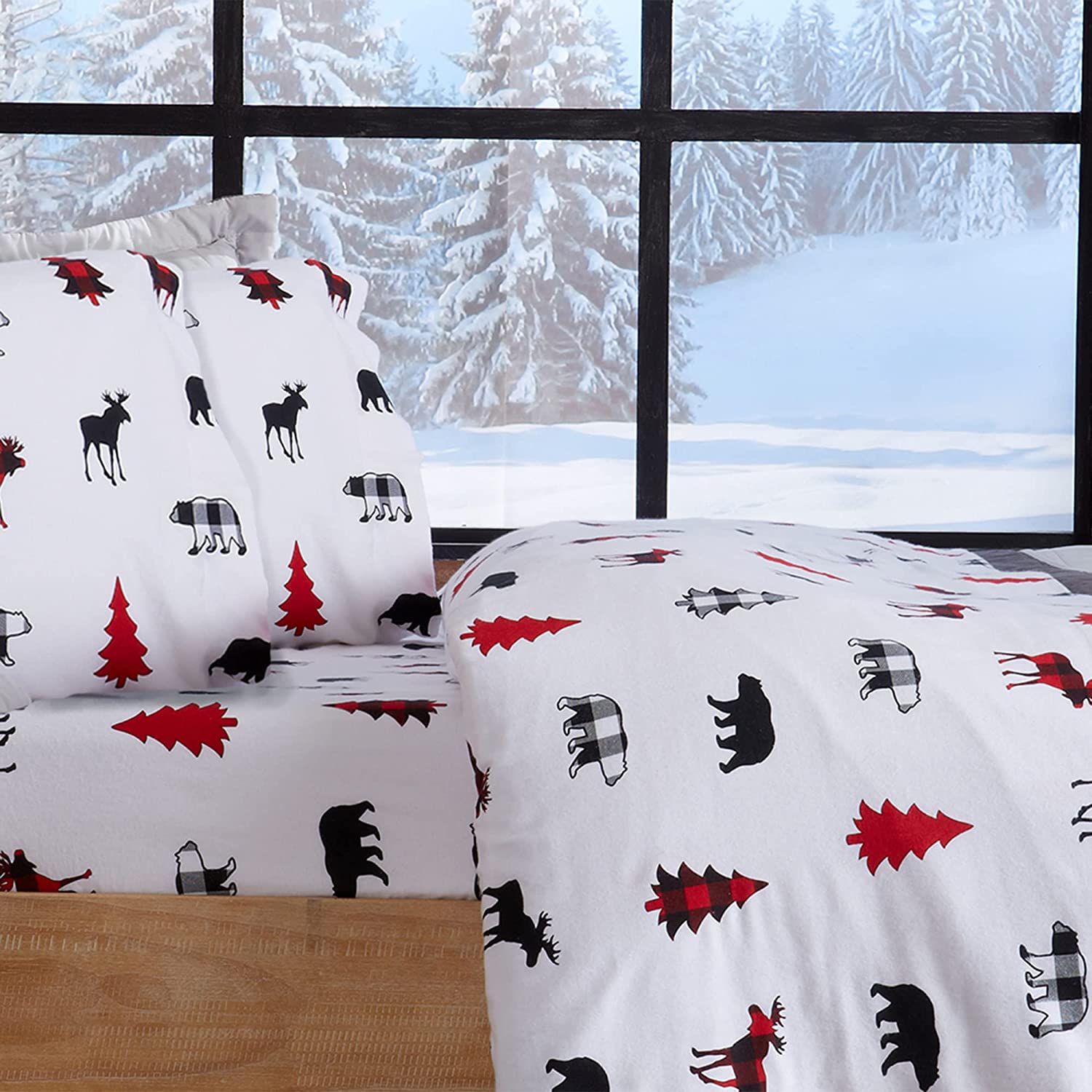 Price:$54.99 Soft Holiday Printed 100% Turkish Cotton Flannel Sheet Set. Warm, Cozy, Luxury Winter Bed Sheets. Boulder Collection (Queen, Checkered Moose) : Everything Else