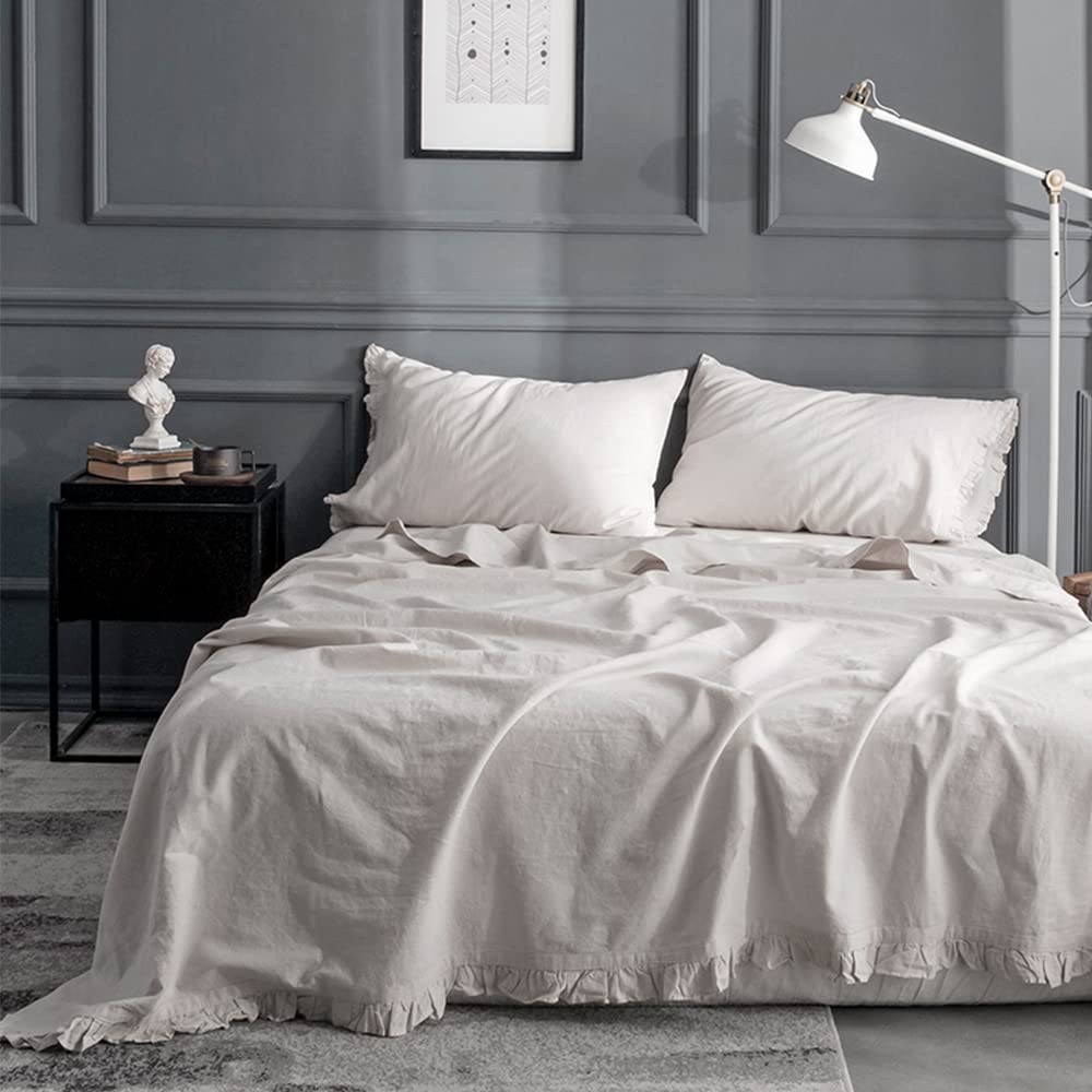 Price:$95.99 Belgian Linen Sheet Set with Ruffles - 4 Pieces (1 Flat Sheet & 1 Fitted Sheet & 2 Pillowcases) Natural Flax Cotton Blend Soft Bedding Breathable Farmhouse - Linen, King Size : Everything Else