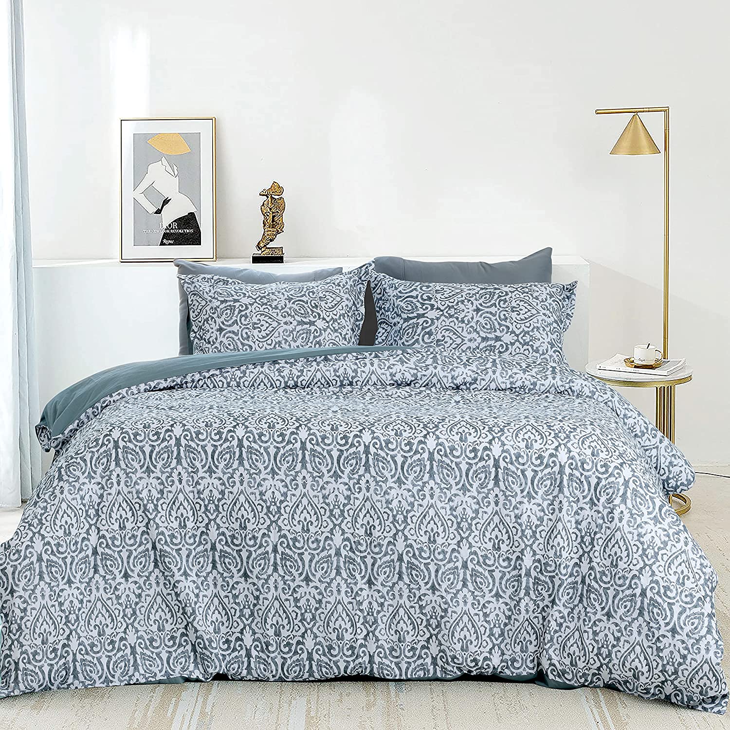 Price:$84.99 Linen 300 TC Percale Duvet Cover Set, 3 Pieces Ultra Soft-Washed Bedding Set with Buttons Closure Damask Pattern Printed (King ,Grey) : Home & Kitchen