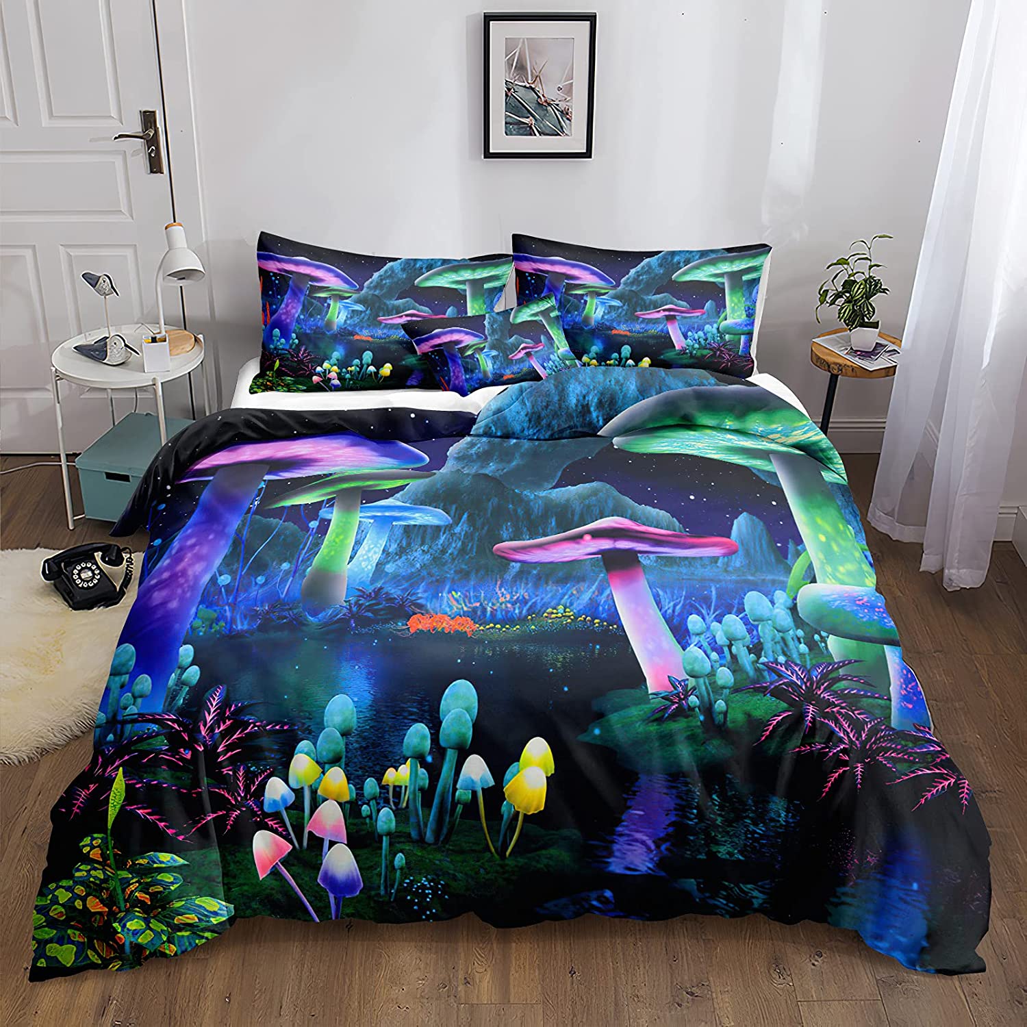 Price:$46.99 Bedding Fantasy Duvet Cover Set Galaxy Sky Green Purple Design Psychedelic Boys Girls Bedding Sets Queen 1 Duvet Cover 2 Pillowcases (Queen, Mushroom) : Home & Kitchen
