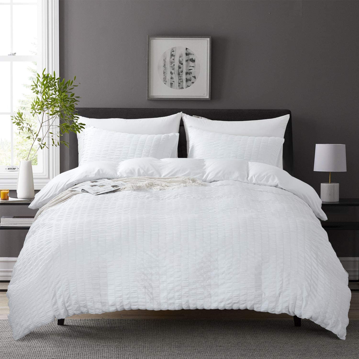 Price:$34.99 Duvet Cover Set Queen Size 3 Pieces, Seersucker Stripe Fabric Bedding Set, Ultra Soft Washed Microfiber, White Textured Duvet Cover with Zipper Closure (1 Duvet Cover & 2 Pillowcases) : Home & Kitchen