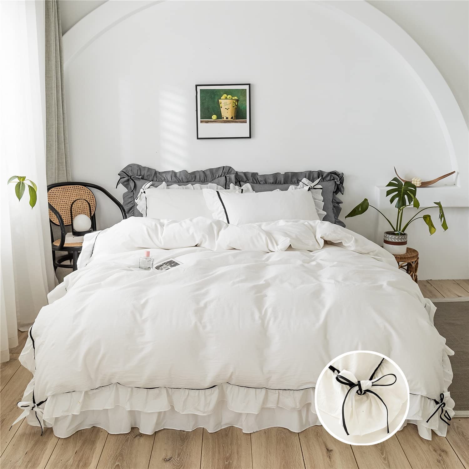 Price:$39.99 Bedding Bow Duvet Cover Set with Butterfly Tie Soft Brushed Microfiber Shabby Chic Bedding Set with Zipper Closure(White Duvet Cover, Queen) : Home & Kitchen