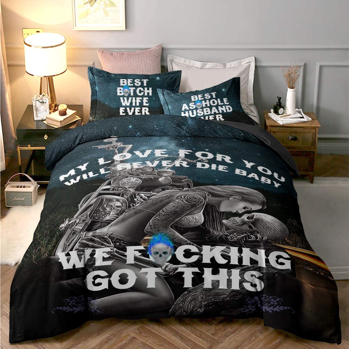 Price:$32.99 Skull Duvet Cover Set King Size My Love for You Will Never Die Baby Printed Bedding Duvet Cover with Zipper Closure Ties for Adults Soft Microfiber Multicolor 90"x 103" : Home & Kitchen