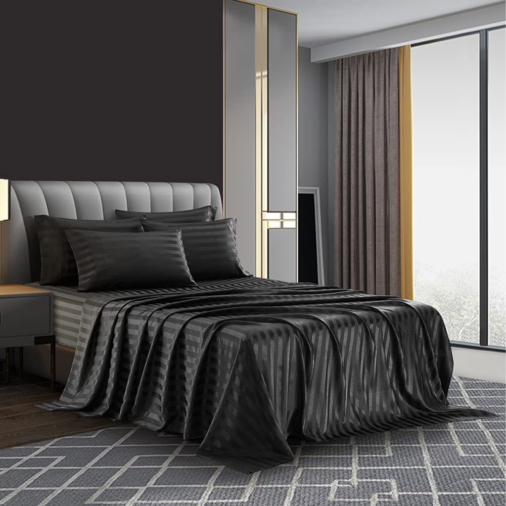 Price:$37.98 6 Piece Satin Italian Style Bed Sheet Set Deep Pocket Stripes 1800 Luxury Rich Silk 1 Flat Sheet 1 Fitted Sheet 4 Envelope Pillowcases Stain-Resistant Wrinkle Free (King,Black) : Home & Kitchen