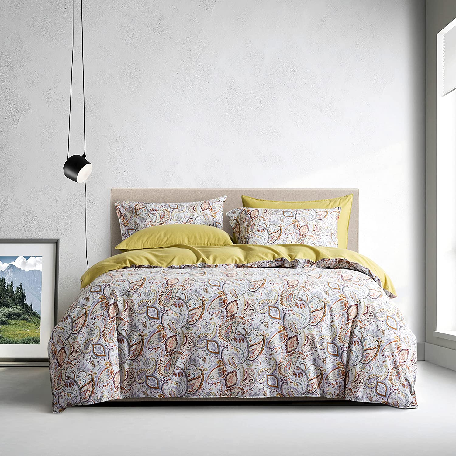 Price:$42.99 Vintage Boho Luxury Paisley Duvet Cover 3pc Vibrant European Floral Style Bed Linen,100% 400TC Percale Egyptian Cotton(Mustard-Yellow, Queen) : Home & Kitchen