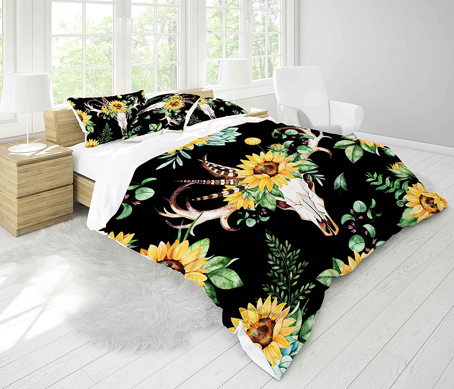 Price:$49.99 Boho Tribal Comforter Set Bull Skull Sunflower Bedding Set 2Pcs Botanical Leaves Floral Comforter Set Yellow Flowers Skeleton Quilted Duvet Set with 2 Pillowcases Full Size Black Soft : Home & Kitchen