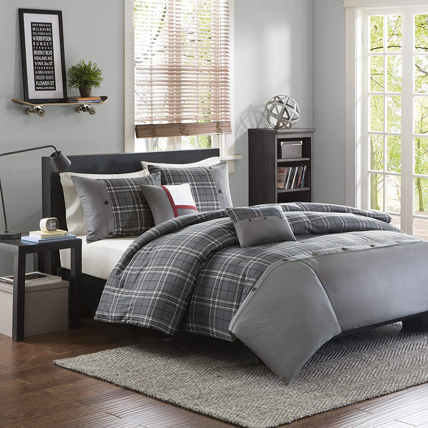Price:$37.45 Design Daryl Teen Boys Duvet Cover Twin/Twin Xl Size - Grey , Plaid – 4 Piece Teen Boy Bedding – Peach Skin Fabric Lightweight Duvet Cover Set : Home & Kitchen