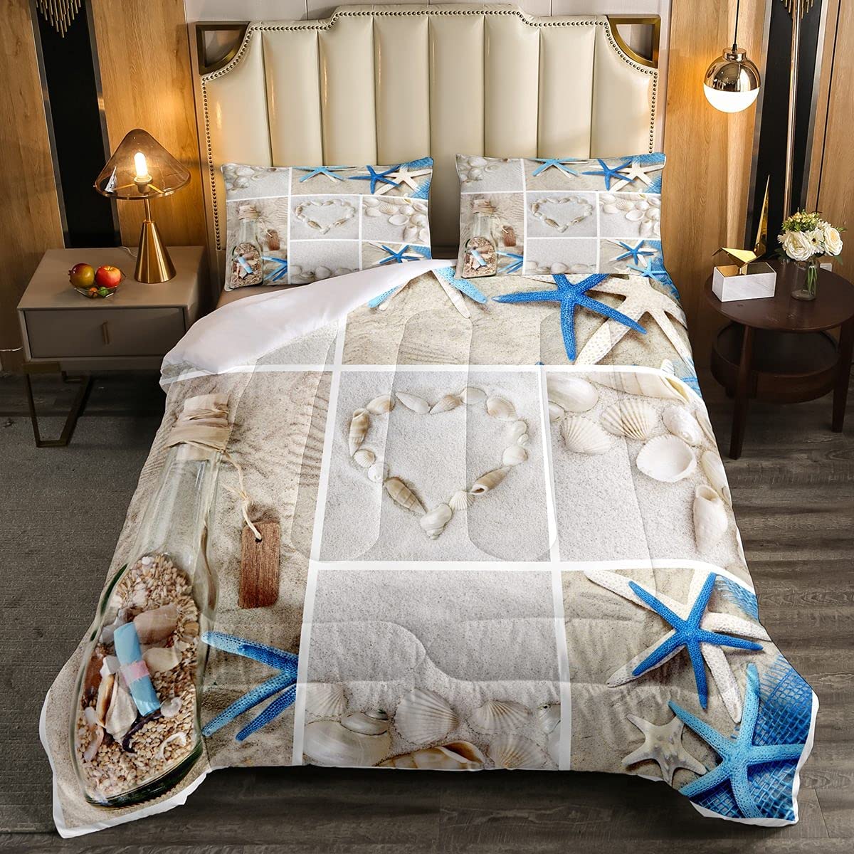 Price:$59.99 Beach Comforter Set, Ocean Themed Bedding Set Queen Size Coastal Nature Duvet Sets Starfish Love Heart Bedding Comforters for Kids Boys Girls Teens Adult Bedroom Decor : Home & Kitchen
